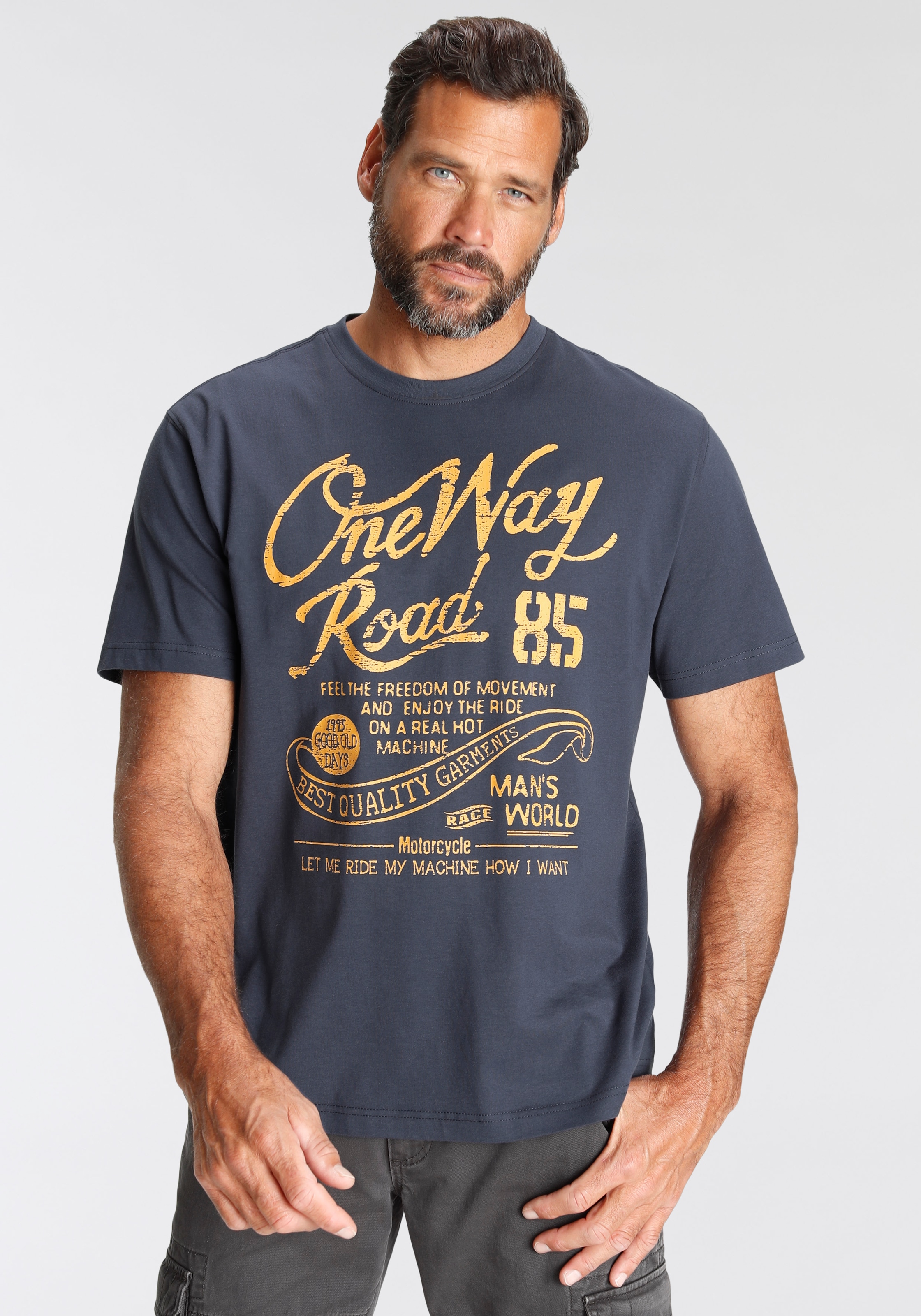 Mans World T-Shirt, Kurzarm, Regular Fit, mit Print, Rundhals, im Used-Look günstig online kaufen