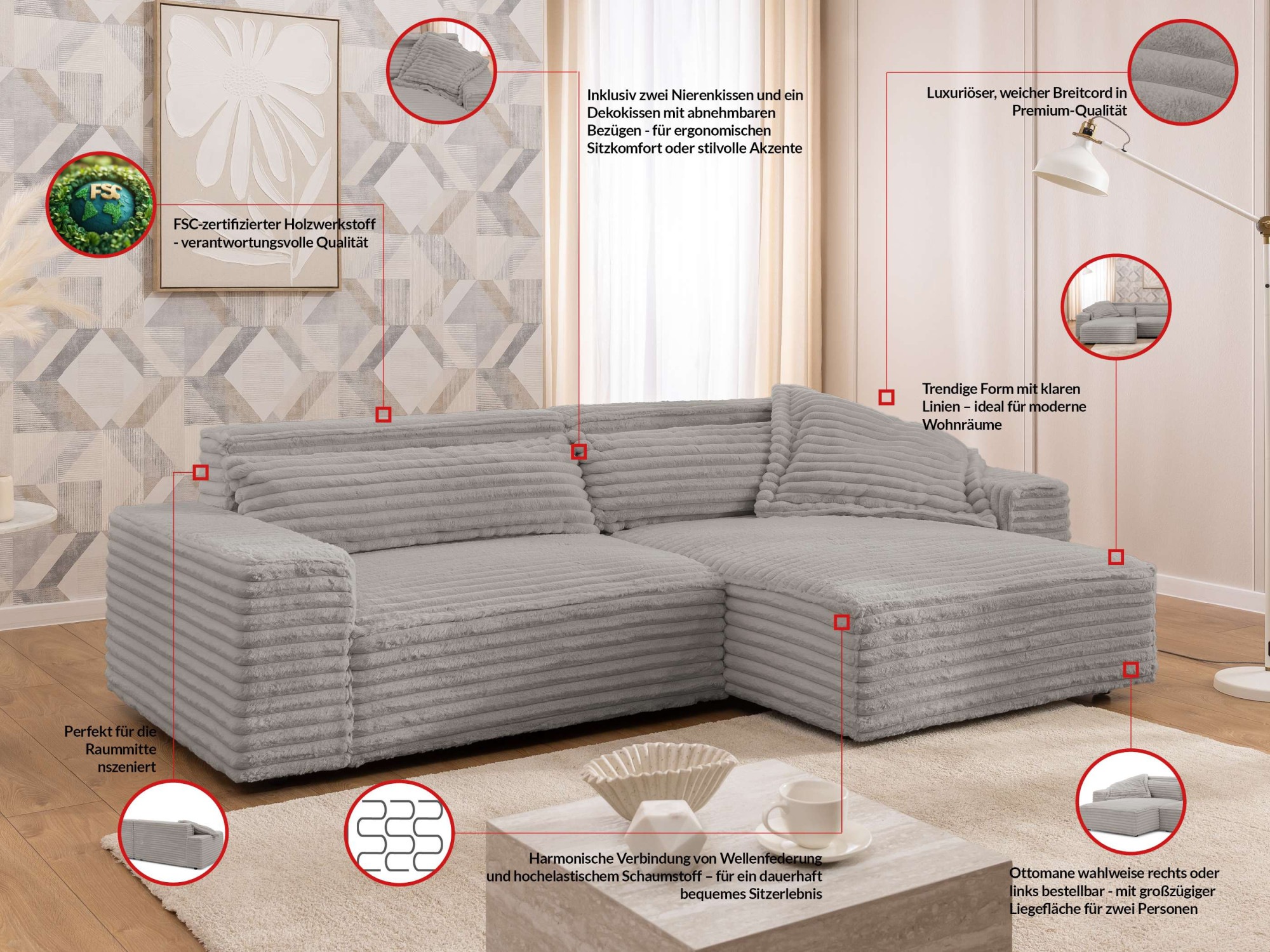 Thumbnail - OTTO home Ecksofa "KINLEE Design-Sofa mit Recamiere rechts/links, Maße B/T/H 251/144/70cm" L-Form mit Wellenunterfederun...