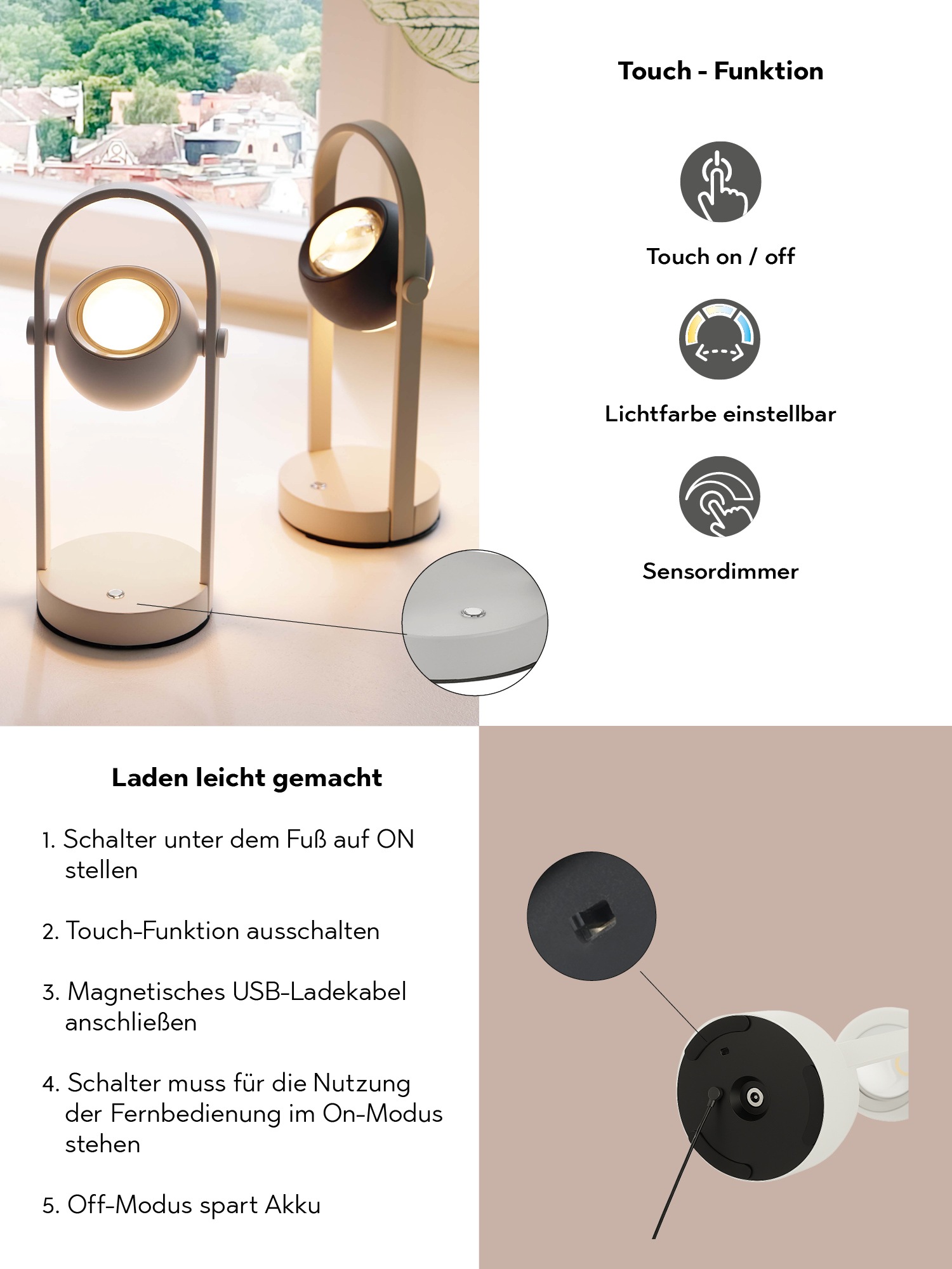 Musterring LED Tischleuchte »CANNON, Akku LED Tischlampe Touchdimmer 4W 400 Lumen 2300-4000K CCT« LED-Board 1 Stk. Farbwechsler | warmweiß - kaltweiß kabellose Akku Tischleuchte mit Lade-Base, schwenkbar dimmbar Memory