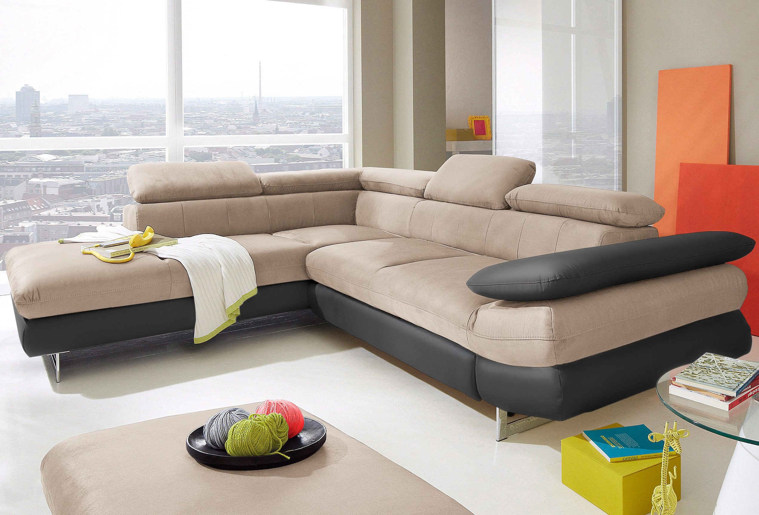 COTTA Ecksofa "Solution L-Form, Design Sofa, bequeme Wellenunterfederung, Design Fuß" mit Arm- & Kopfteilverstellung, wahlweise mit Schlaffunktion