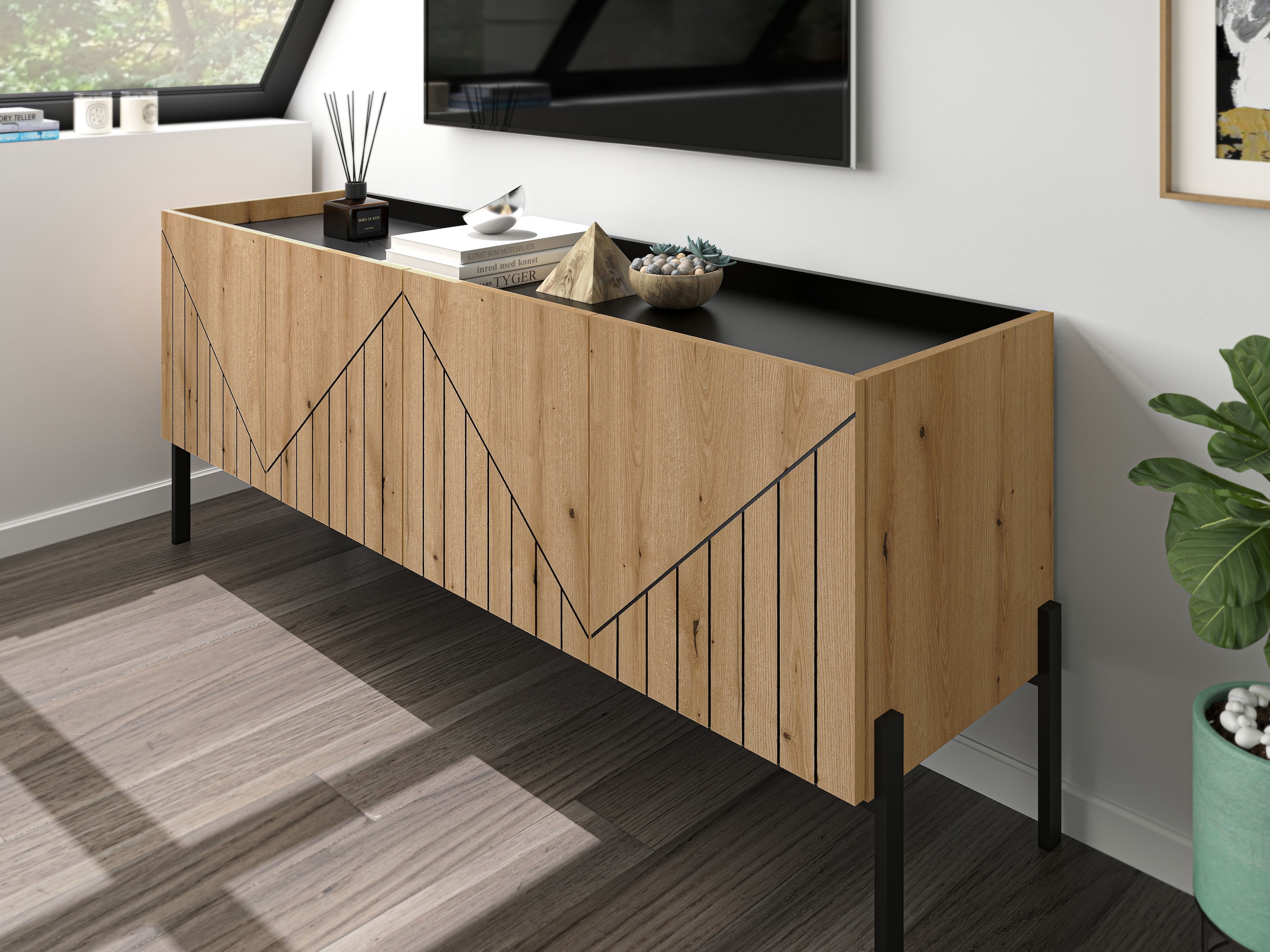 INOSIGN Lowboard »SNETT, Breite: 155cm, mit Metall-Stabfüßen, 4 Türen, 2 Einlegeböden«, TV-Lowboard, Mediaschrank, Mediaboard, TV-Schrank, Schrank, Board