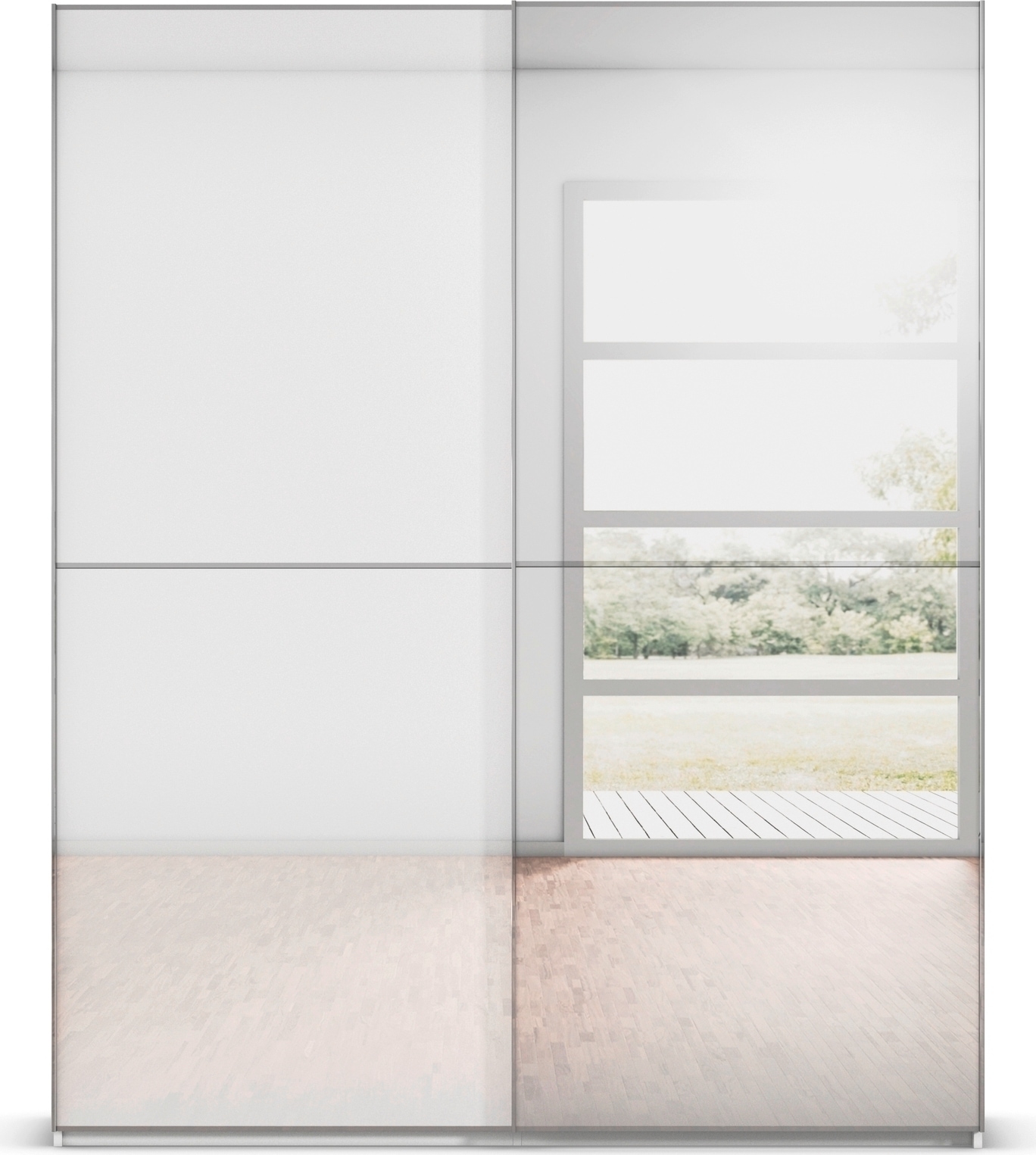 rauch Schwebetürenschrank »Kleiderschrank Schrank Garderobe Schlafzimmerschrank SCALE-DUO« edle zweigeteilte Türen Spiegel/Glas-Mix 3 Zierleisten MADE IN GERMANY