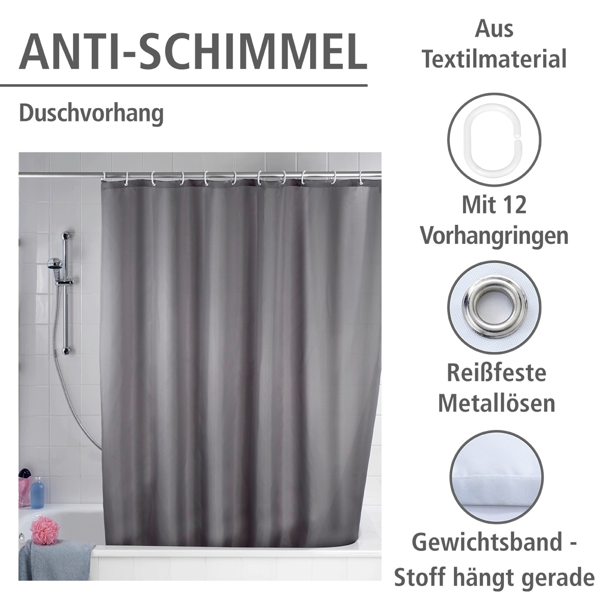 WENKO Duschvorhang »Uni Grey«, Höhe 200 cm, waschbar