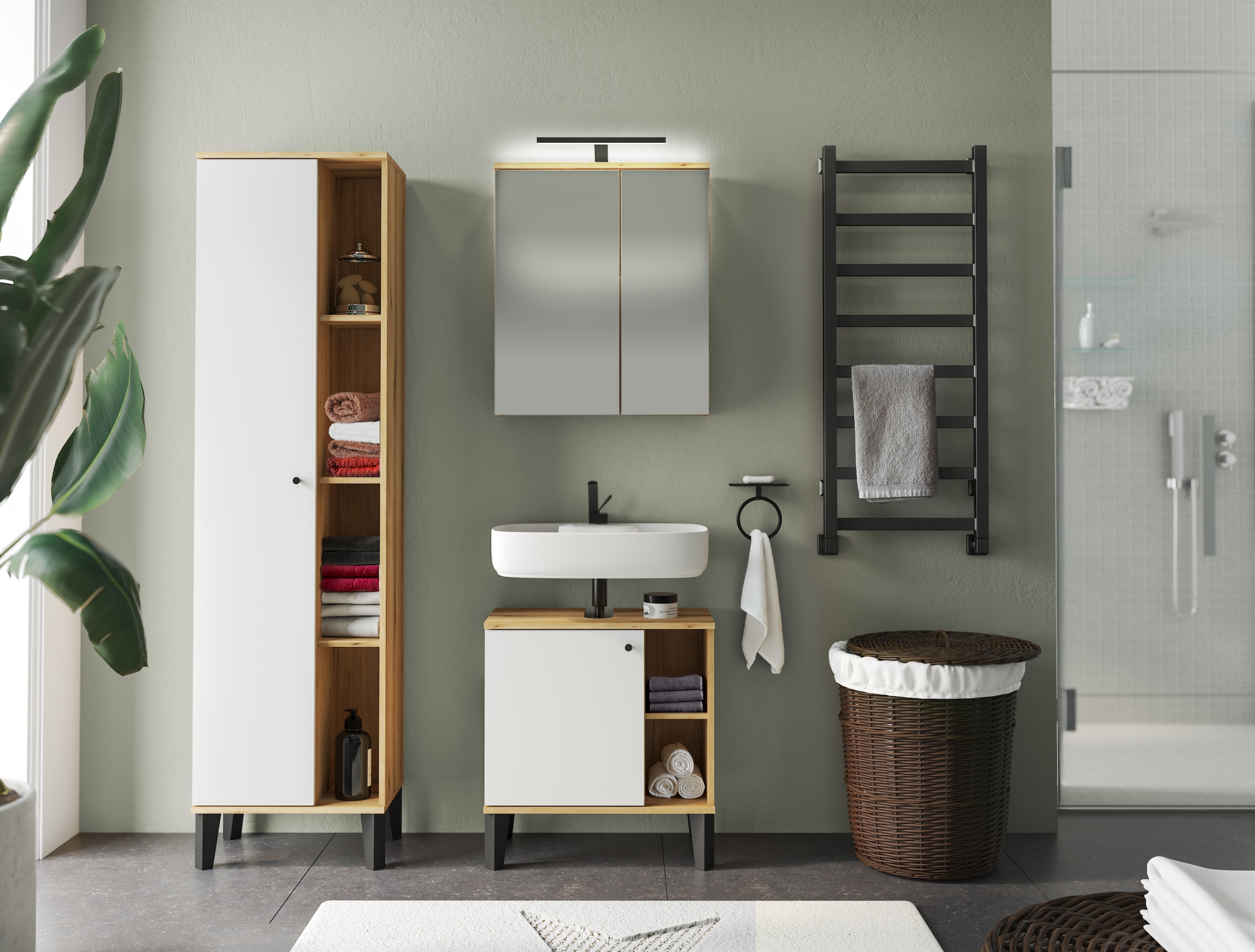 INOSIGN Badmöbel-Set »OSLO, Bad im skandinavischen Design, 5-teiliges Badezimmer«, (Set, 3 St.), Badschränke und Spiegel, in zwei Farben verfügbar, viel Stauraum