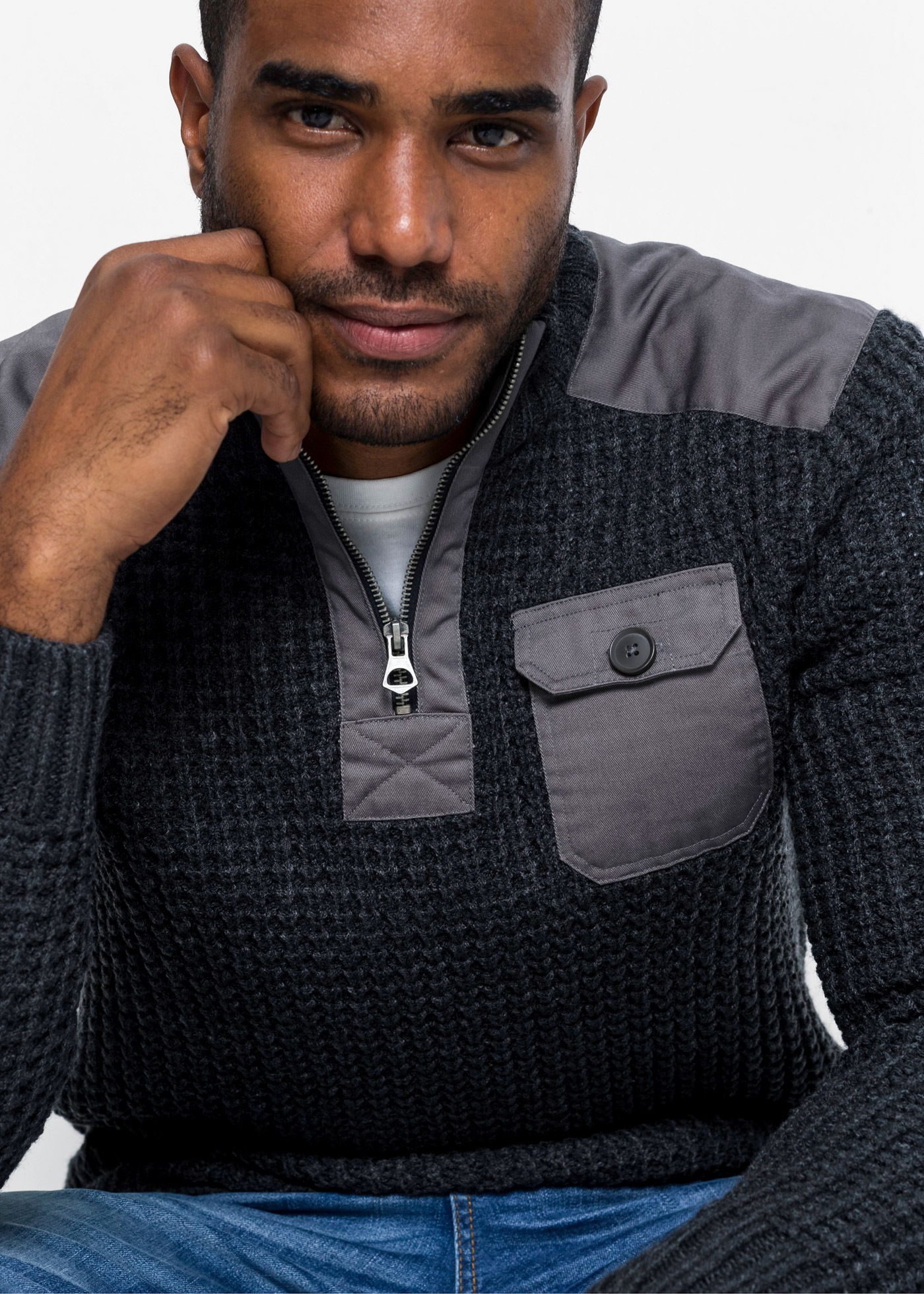 Thumbnail - bonprix Troyer "Grobstrick Troyer Pullover mit Web-Besatz" aus Polyacryl, mit Stehkragen und Zipper, Regular Fit