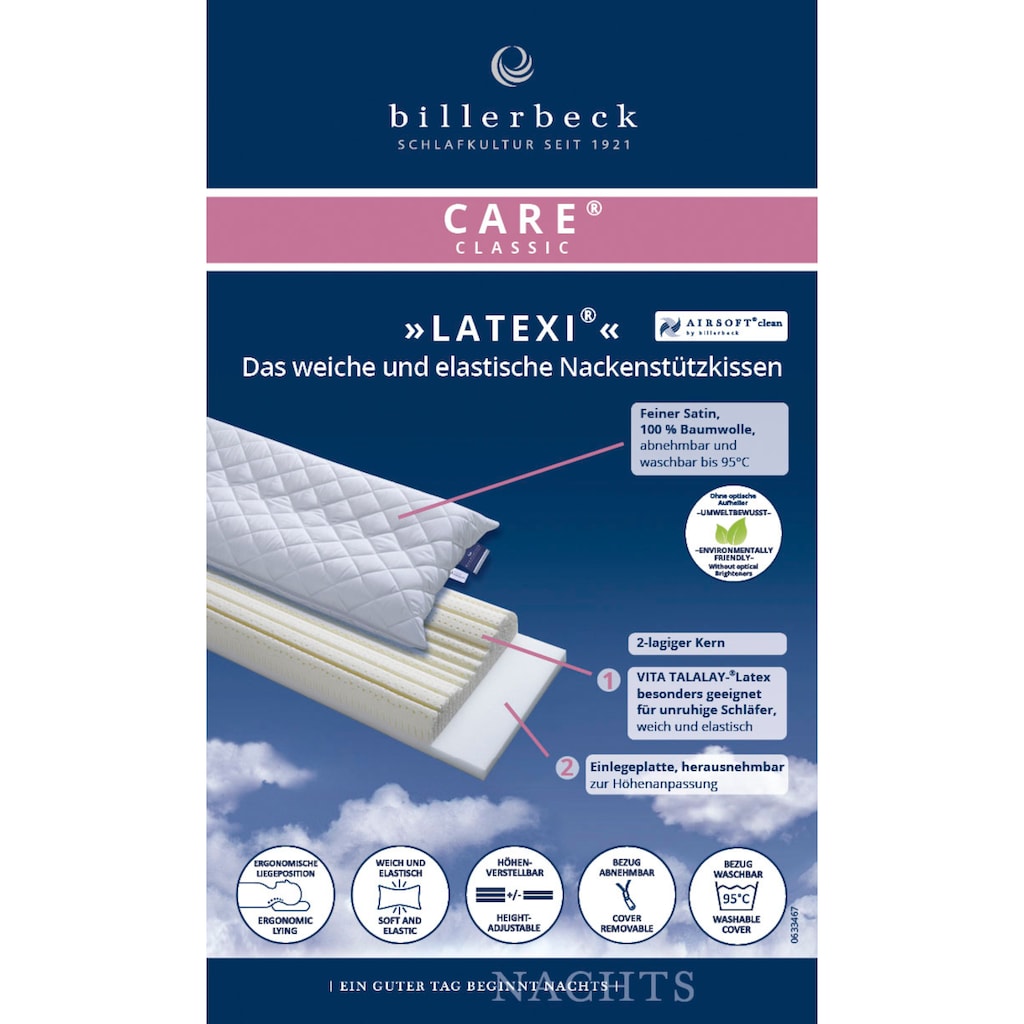 billerbeck Nackenstützkissen »Latexi, Optimale Nackenabstützung«, Füllung: VITA TALALAY® - Latex, Bezug: Feiner Satin (100% Baumwolle), versteppt mit AIRSOFT®clean (100% Polyester-Hohlfaser), (1 St.)