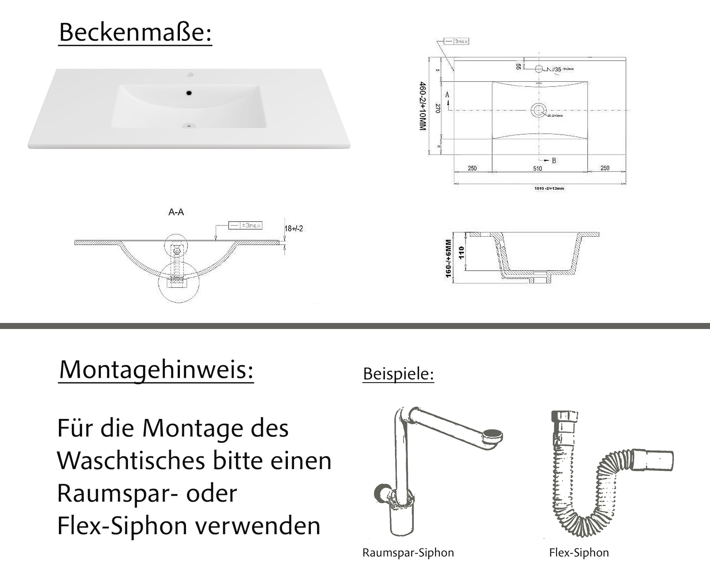 welltime Waschtisch »Trento Light, 60cm, 80cm, 100cm, Keramik-Auflagebecken«, 1 feste Blende und 1 Auszug
