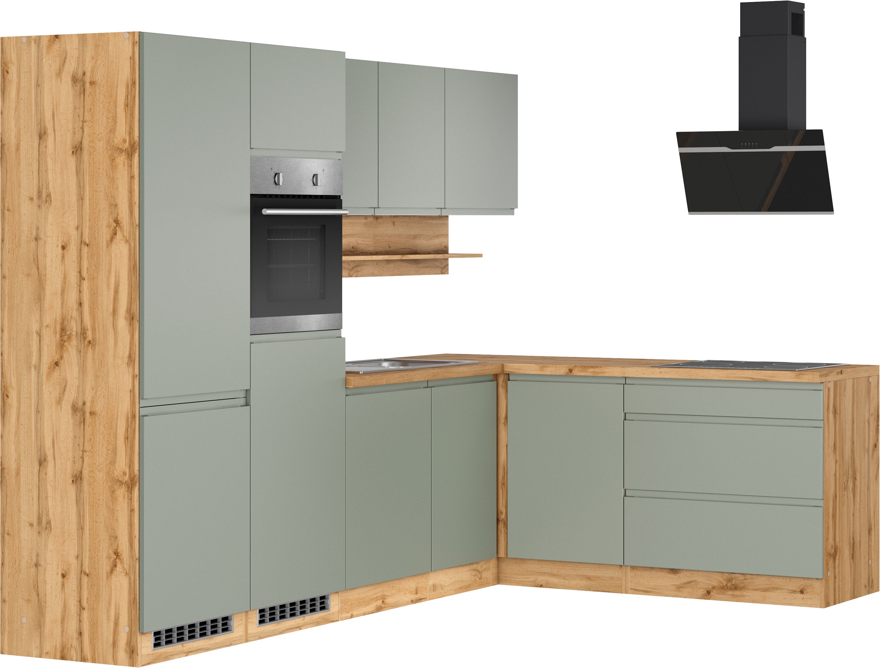 KOCHSTATION Winkelküche "KS-Virginia,neu in verbesserter Ausführung" Arbeitsplatte 38 mm stark, Stauraum, Softclose, Stellbreite 290/180 cm, Soft-Close, ohne E-Geräte