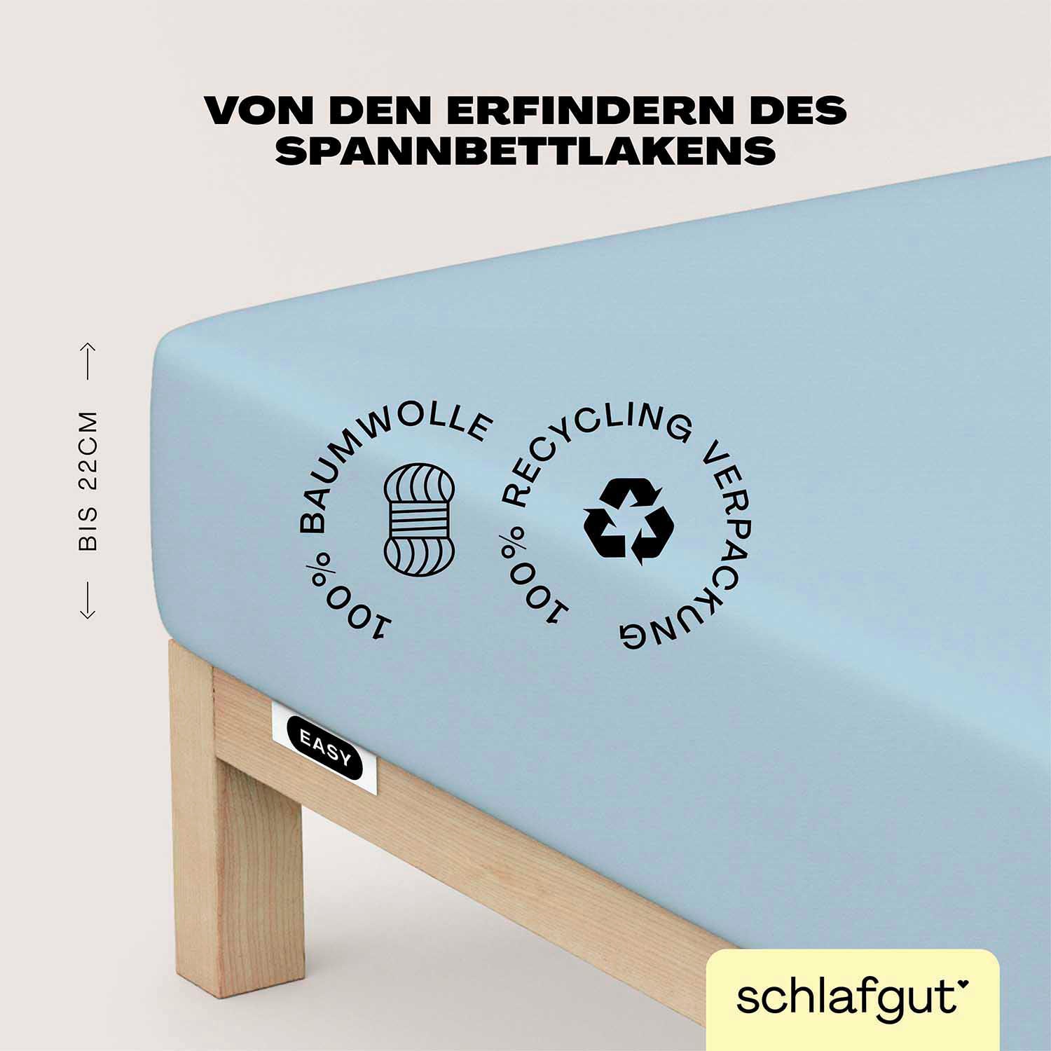 Schlafgut Spannbettlaken "EASY JERSEY Bettlaken, 150 g/m², 100% Baumwolle, Spannbetttuch" Spannbettlaken bis 22 cm Höhe, bügelfrei, pflegeleicht, perfekter Sitz