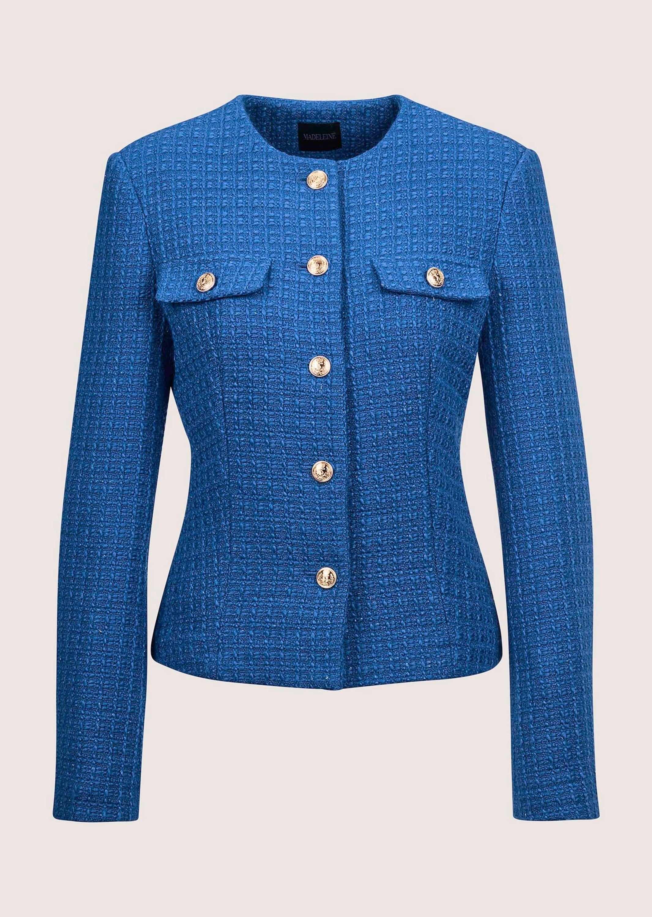 MADELEINE Damen Jerseyblazer "Blazer Couturiger Kurzblazer mit goldfarbenen Knöpfen", grün, Gr. 42, Obermaterial: 50% Polyester PES. 50% Wolle WO.,