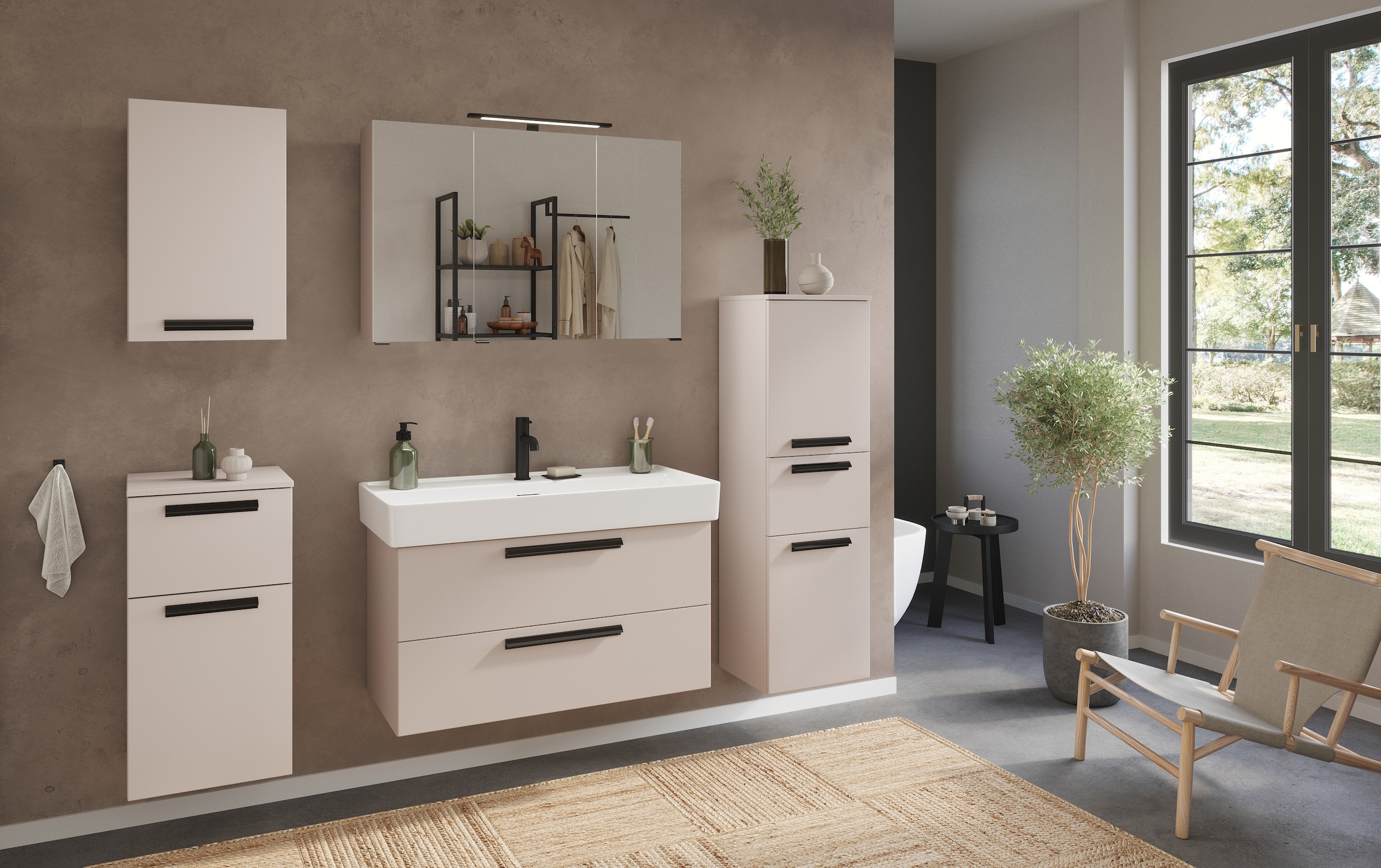 welltime Badmöbel-Set »SALVADA, 2tlg-Set, gedämpfte Scharniere, Softclose, Keramikbecken« Maße (B/T/H): 100/47,5/200 cm, 