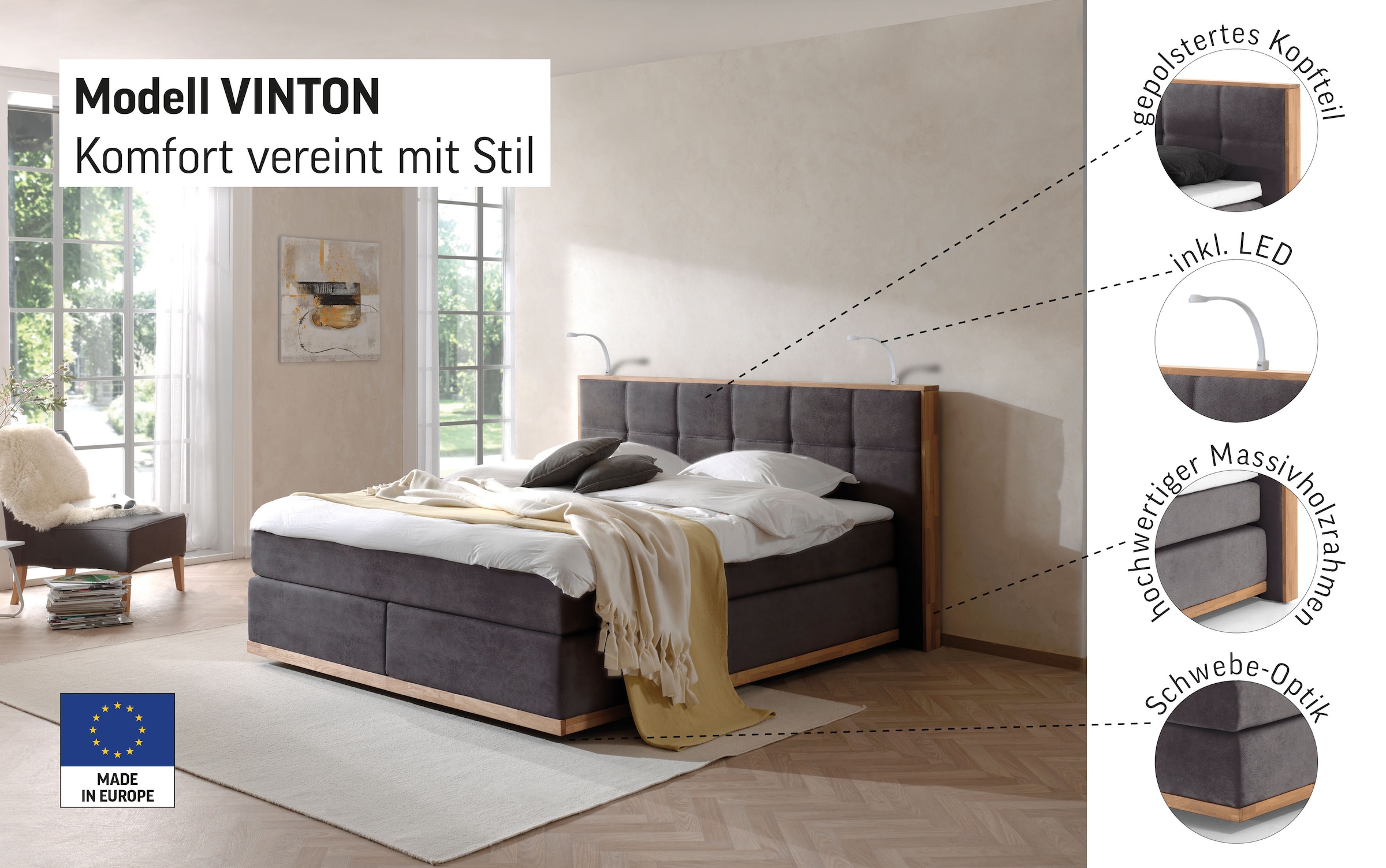 Thumbnail - Home affaire Boxspringbett "Vinton" aus Eiche, mit LED-Beleuchtung, verschiedene Härtegrade (auch H4)