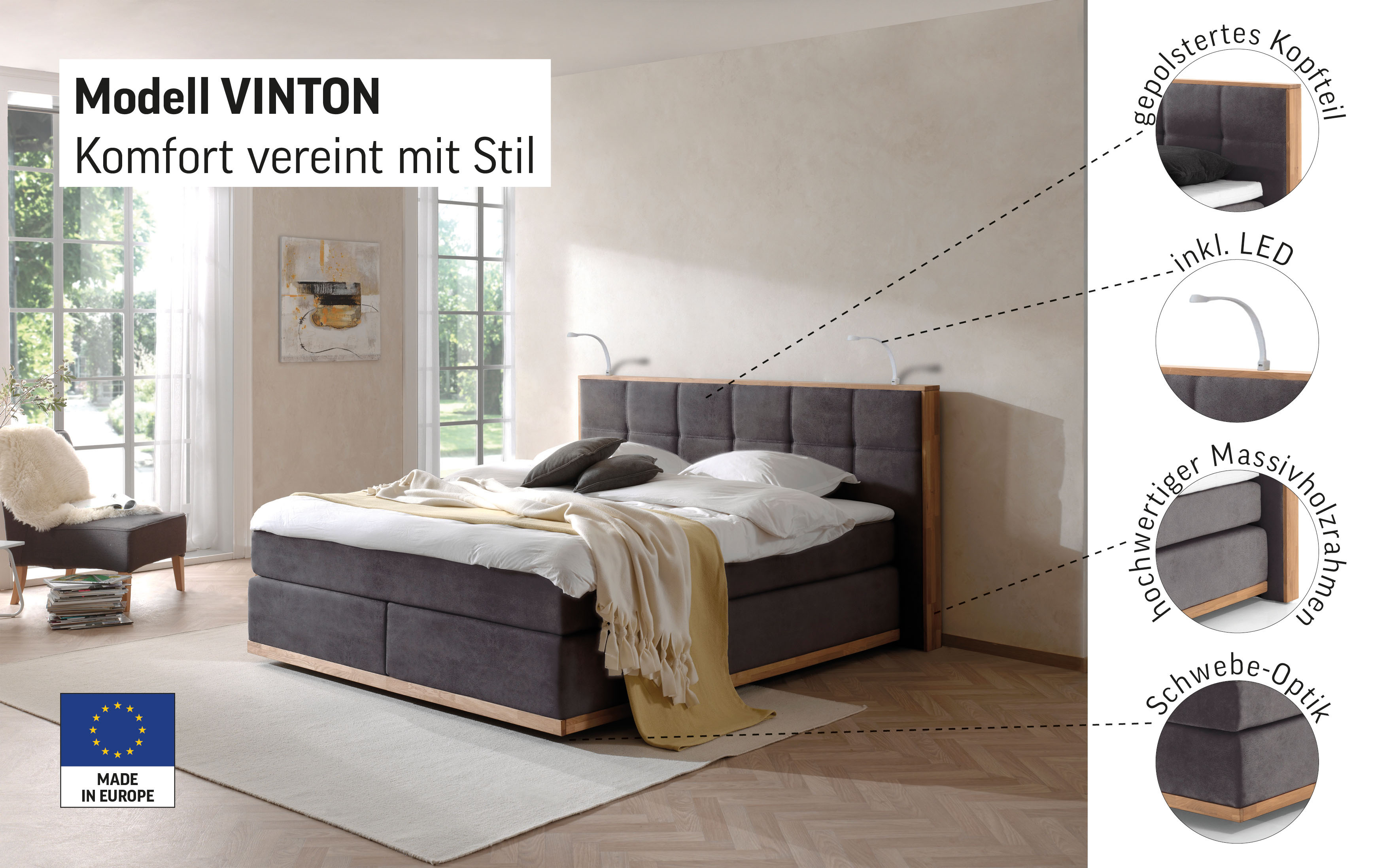 Thumbnail - Places of Style Boxspringbett Vinton, mit LED-Beleuchtung, Massivholzrahmen, verschiedene Härtegrade auswählbar