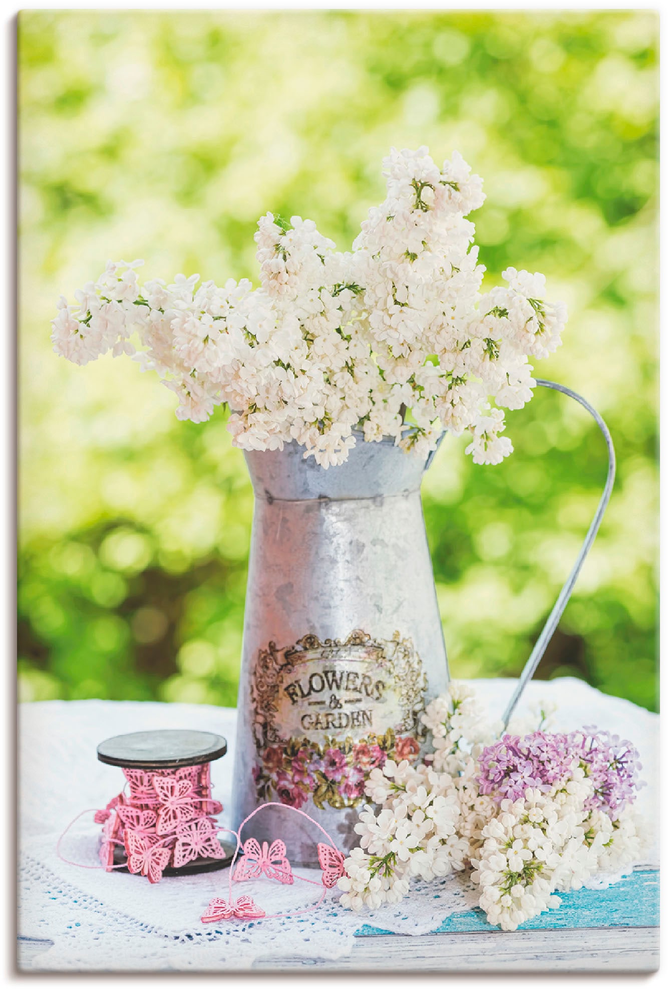 Artland Leinwandbild "Flieder und Shabby Chic Stillleben" Blumen 1 Stk. tlg. auf Holzrahmen gespannt