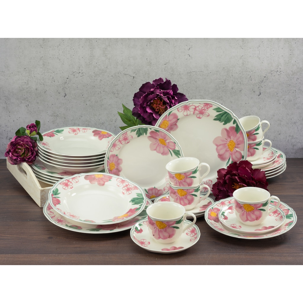 CreaTable Kombiservice »Geschirr-Set Rose«, (Set, 30 tlg., Kaffeeservice und Tafelservice im Set, für 6 Personen)