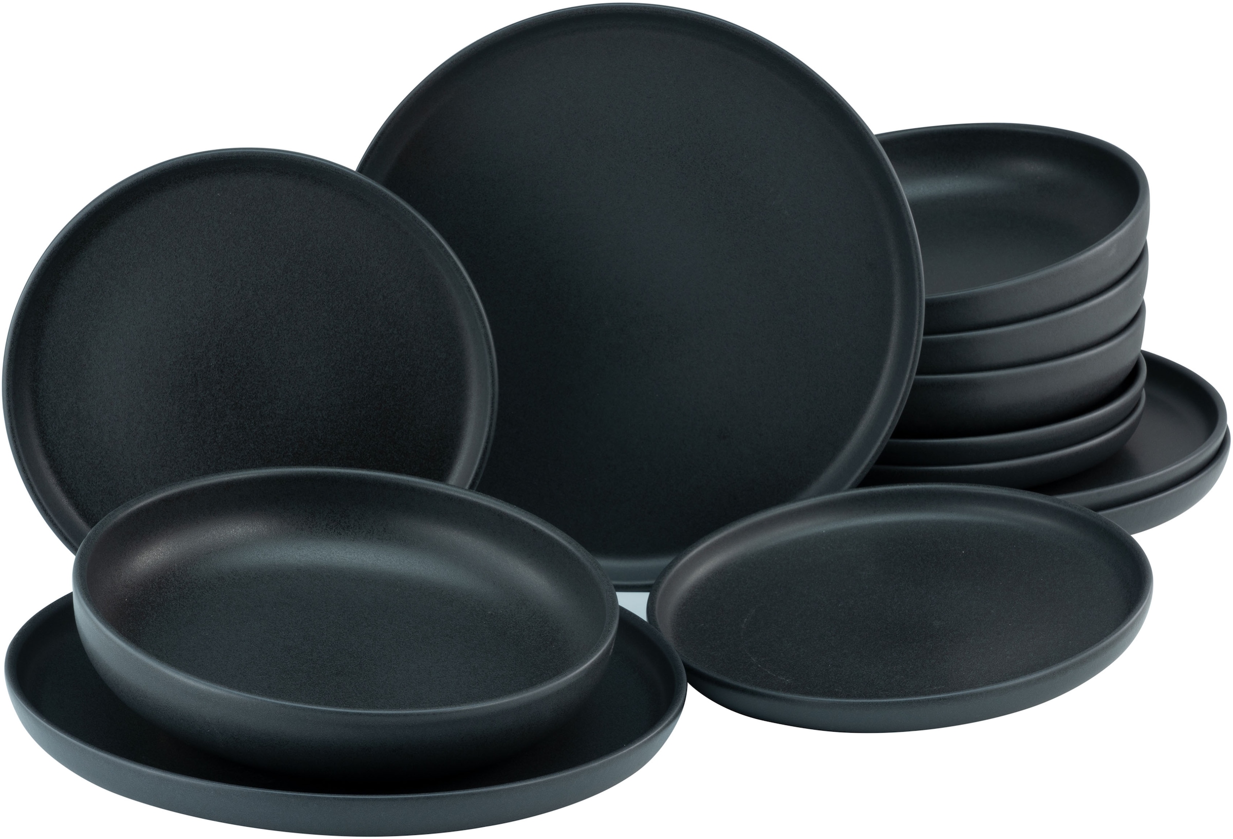 CreaTable Tafelservice "Geschirr-Set Uno Black", (Set, 12 tlg., Teller Set für 4 Personen), Service, schwarz, seidenmatt