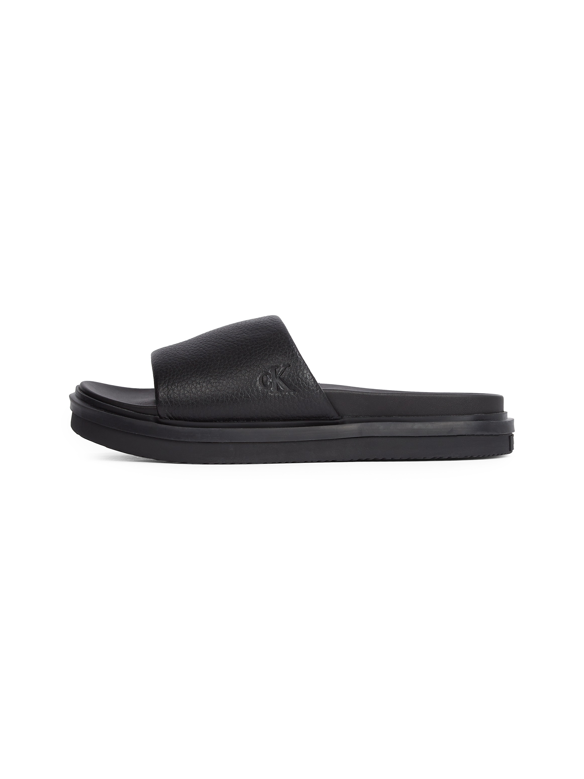 Calvin Klein Jeans Pantolette »FLAT MOLDED SLIDE SANDAL LTH«, Poolslides, Sommerschuh, Strandschuh, Schlappen mit CK Prägung