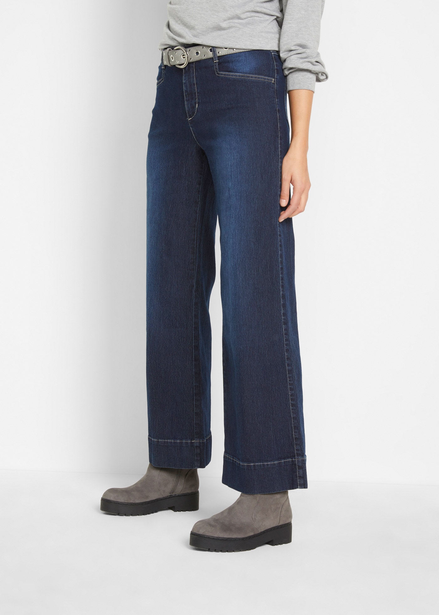 bonprix "Wide Leg Jeans Mid Waist, Stretch" Loose Fit Passform, mit Five-Pocket Style, leicht ausgestelltes Bein