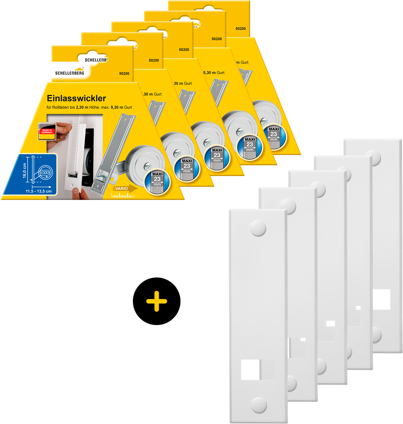 SCHELLENBERG Einlass-Gurtwickler "Unterputz, inkl. Abdeckplatte weiß" Set, 5 Stk. tlg. 16 cm Lochabstand für das Rollladensystem Maxi