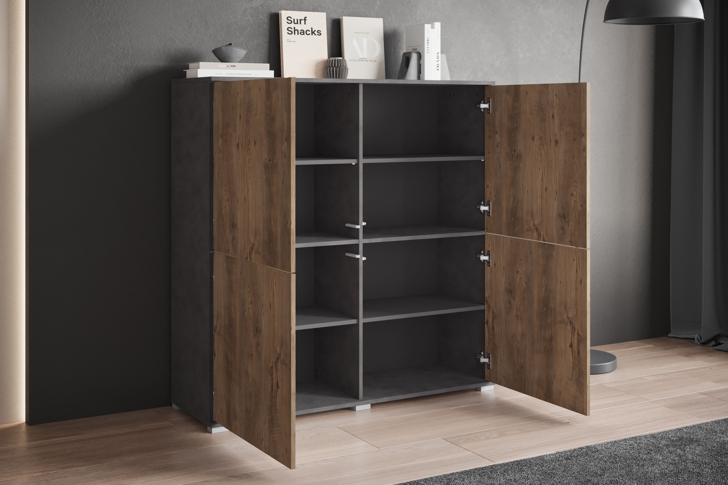 INOSIGN Highboard »Kenia, moderne grifflose Hochkommode mit 4 Türen, Breite 120 cm«, (1 St.), Push-to-Open-Fronten, höhenverstellbaren Einlegeböden