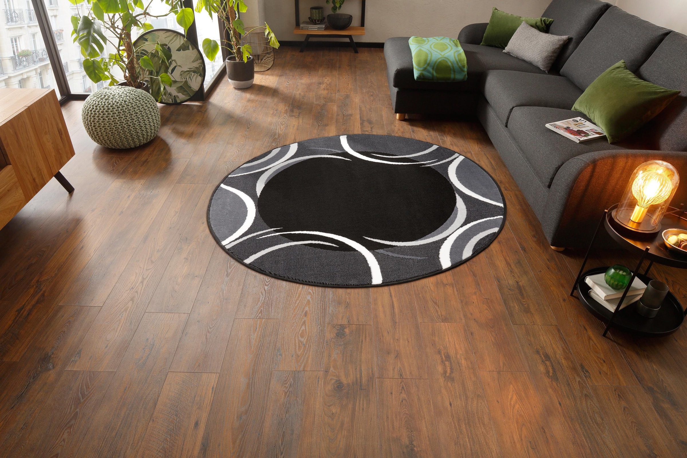 my home Teppich »Noah«, rund, 7 mm Höhe, mit Bordüre, Kurzflor, verspieltes Design, pflegeleicht, elegant