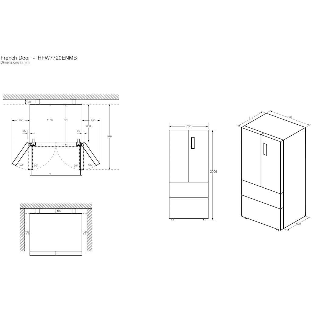 Haier French Door »HFW7720ENMB«, HFW7720ENMB, 200,6 cm hoch, 70 cm breit