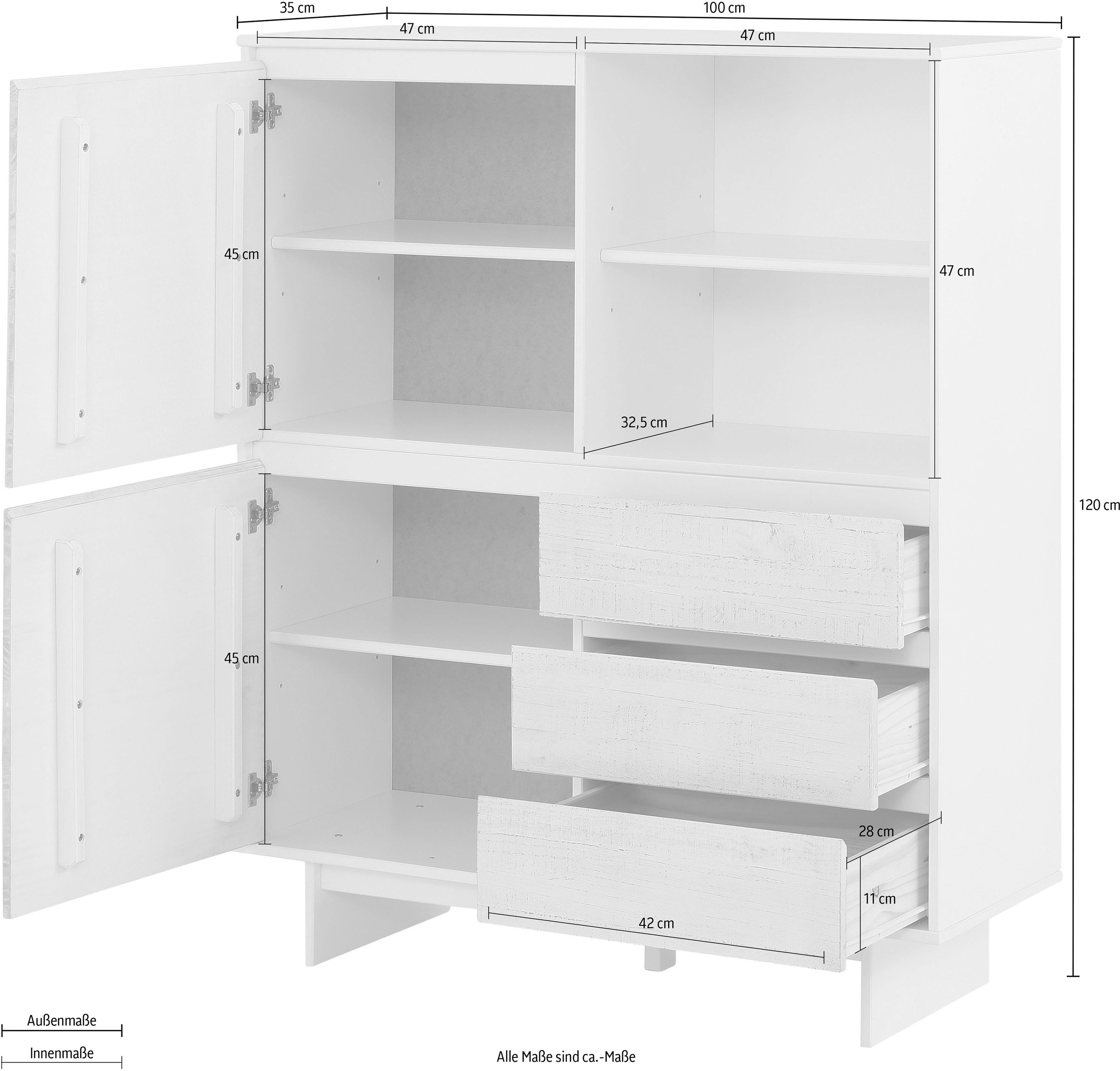 Home affaire Highboard »Morgan Midischrank«, Kommode aus massivem Kiefernholz, eingefräste Griffmulden, Höhe 120 cm