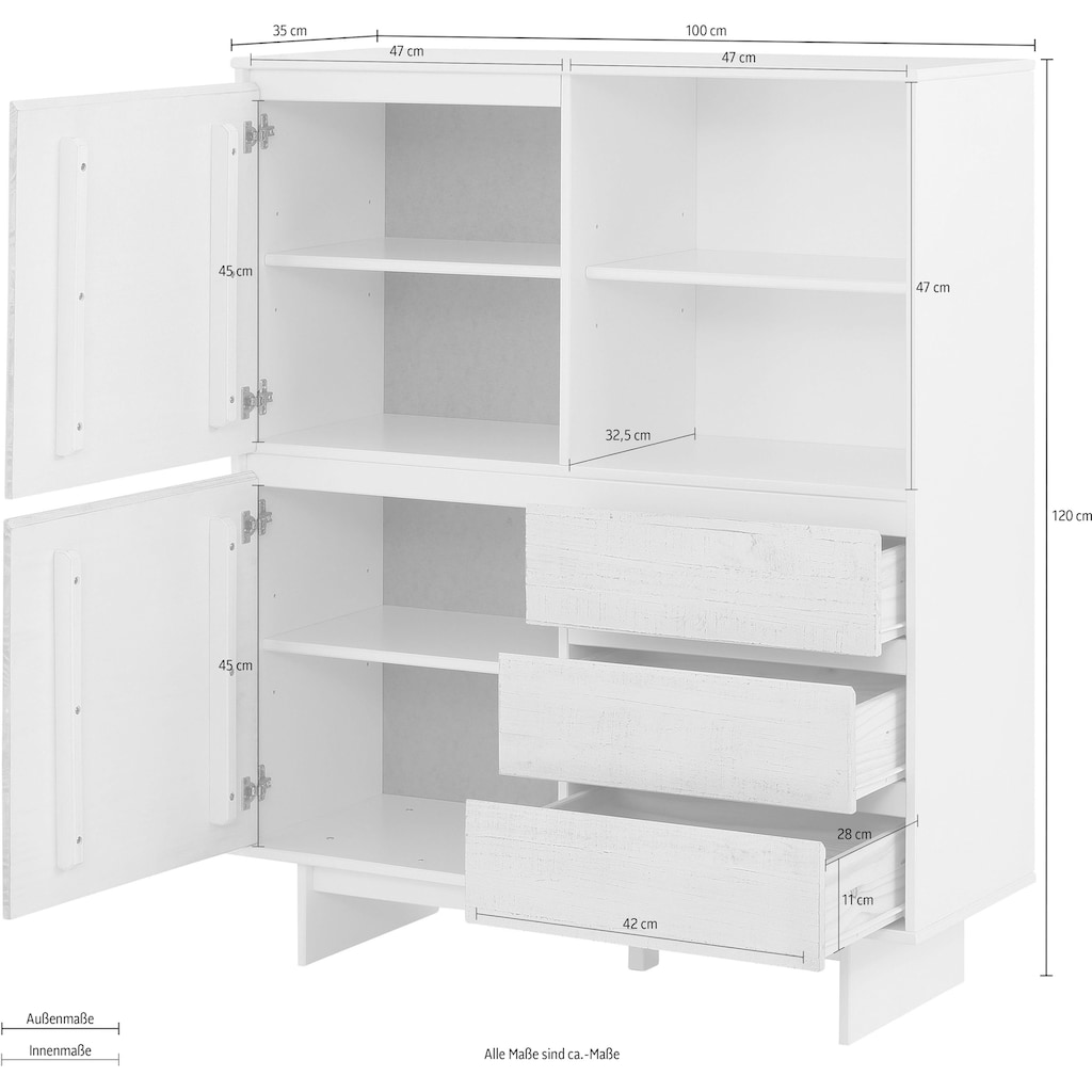 Home affaire Drehtürenschrank »Morgan«, aus massivem Kiefernholz, mit eingefrästen Griffmulden, Höhe 120 cm