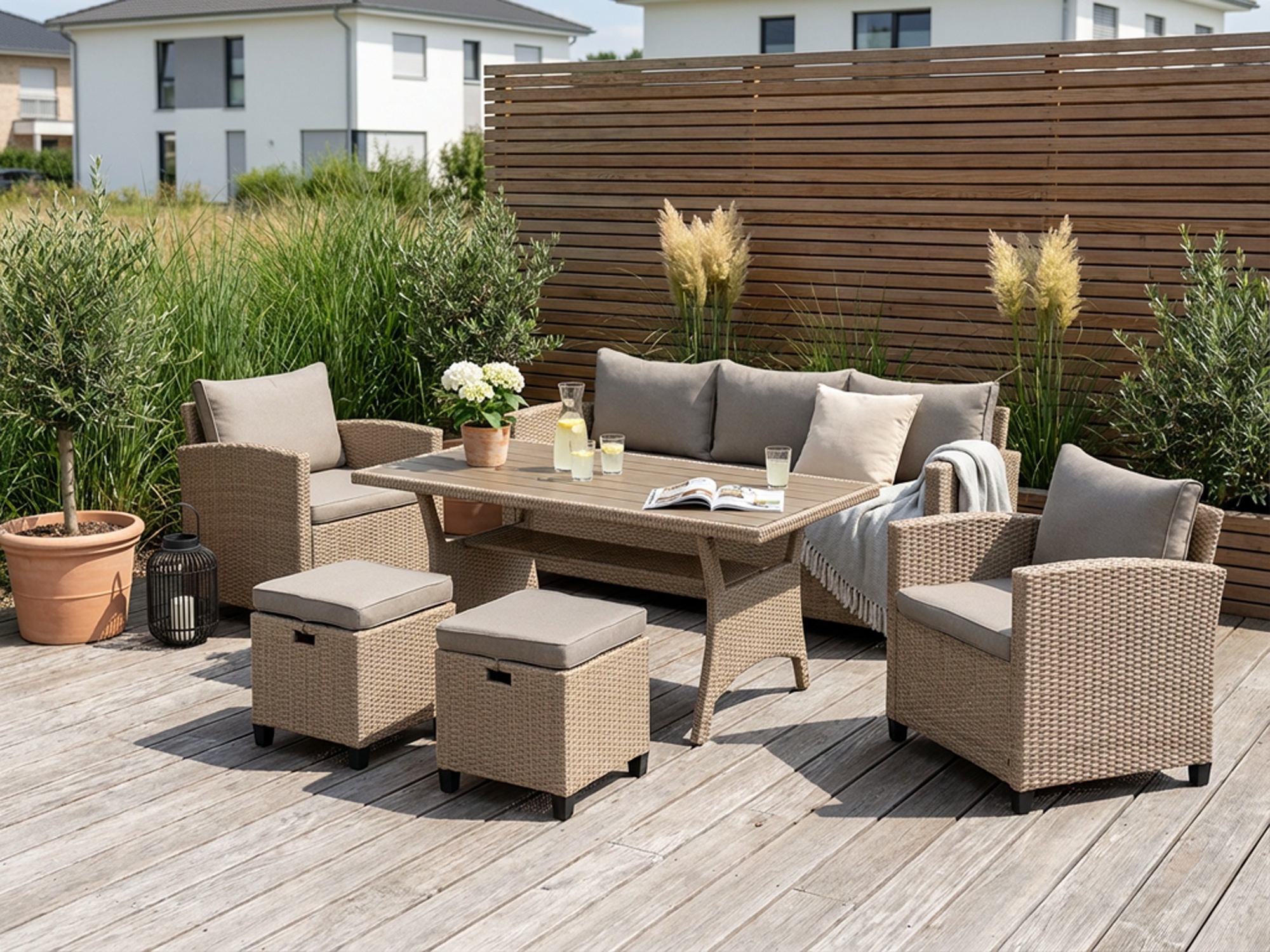 Gartenlounge-Set KONIFERA, beige, Polyrattan, Sitzmöbel-Sets, "Amsterdam", Stahl, Ablagefläche unter dem Tisch, Loungeset