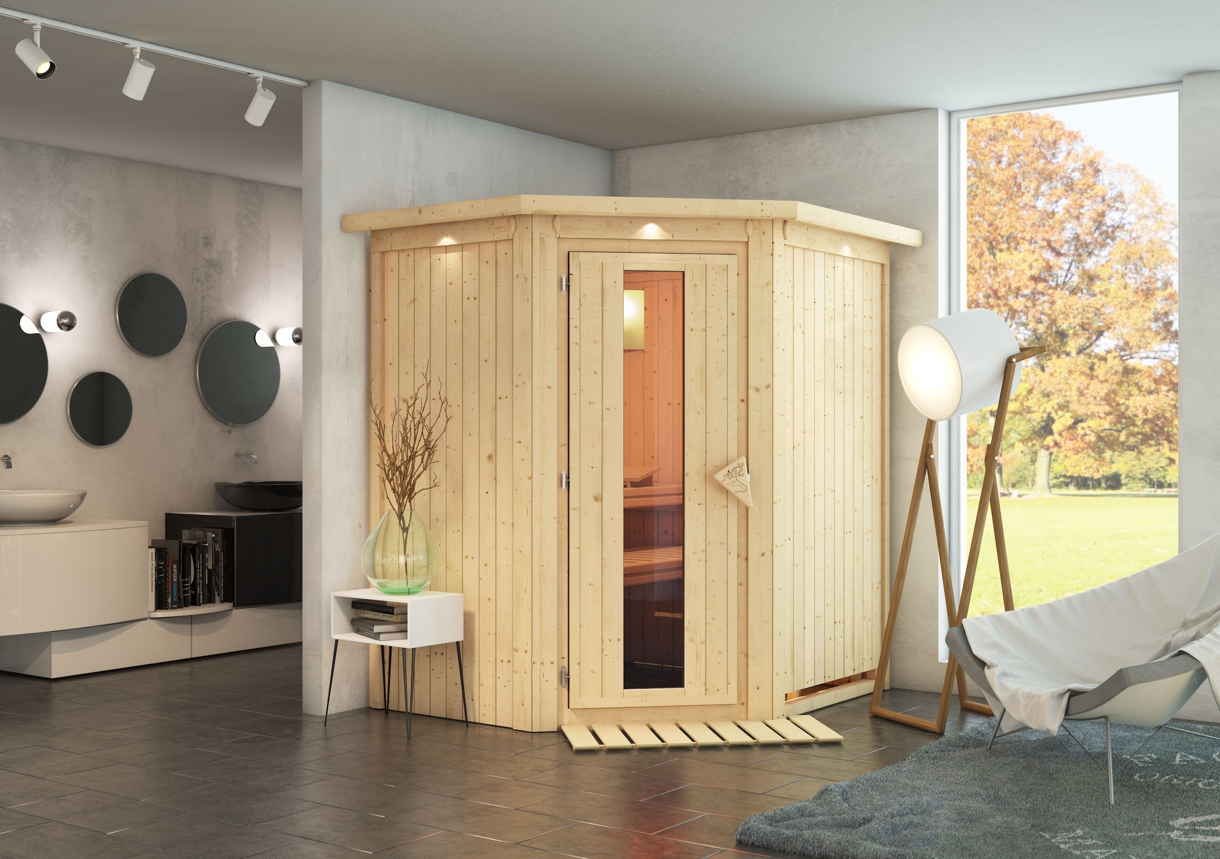 Sauna »»Liyah« mit Energiespartür Kranz naturbelassen«, in verschiedenen Ausführungen...