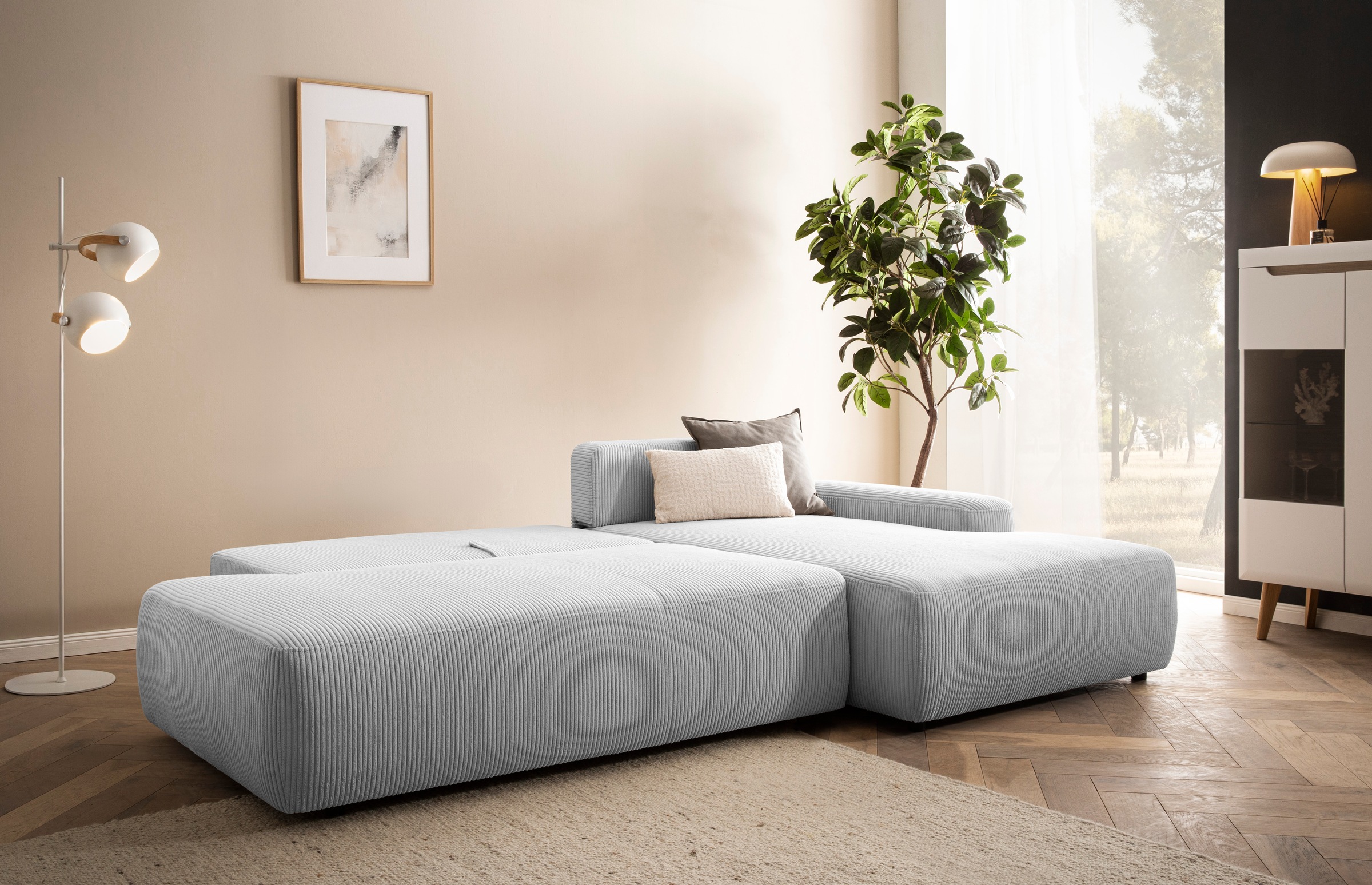 INOSIGN Ecksofa »TORGE, Schlafsofa Cord, Samtvelours u. Strukur fein, Couch in L-Form«, Schlaffunktion und Bettkasten, Liegefläche: 210x125 cm, neues Design
