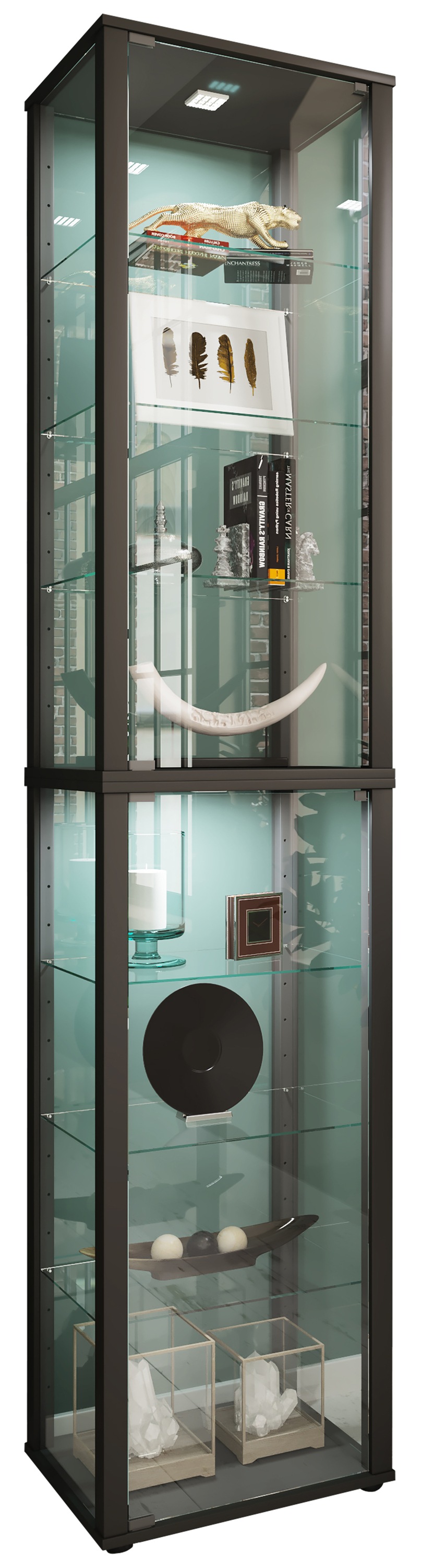 Vitrine VCM, B:50cm H:227cm T:38cm, schwarz, Obermaterial: 100% Holz Wood., Wohnzimmer, Schränke, "VCM Glasvitrine stehend Vitrine Glas mit