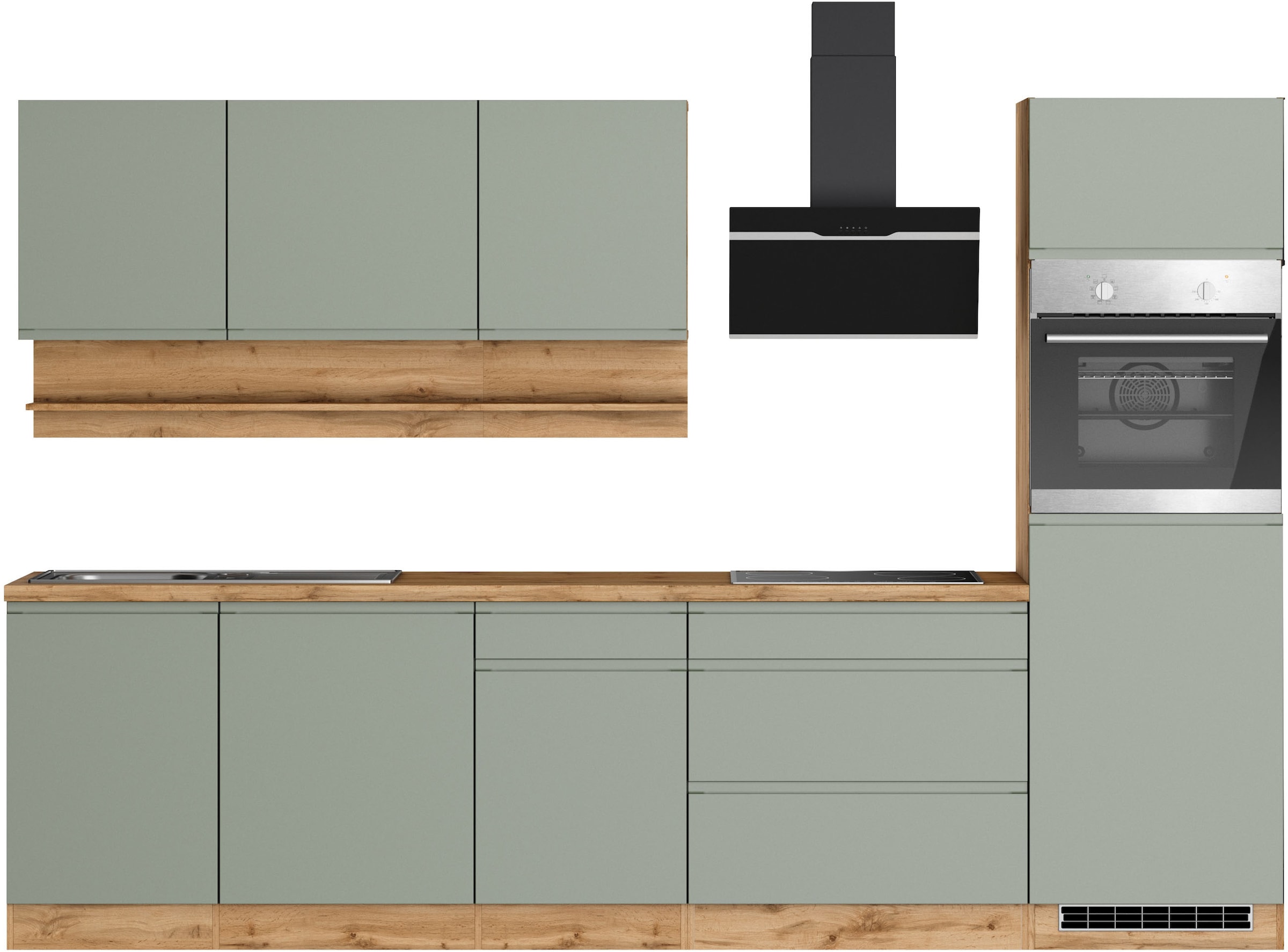 KOCHSTATION Küchenzeile "KS-Virginia,neu in verbesserter Ausführung" Arbeitsplatte 38 mm stark, Stauraum, Softclose, Breite 300 cm, Soft-Close, wahlweise mit E-Geräten