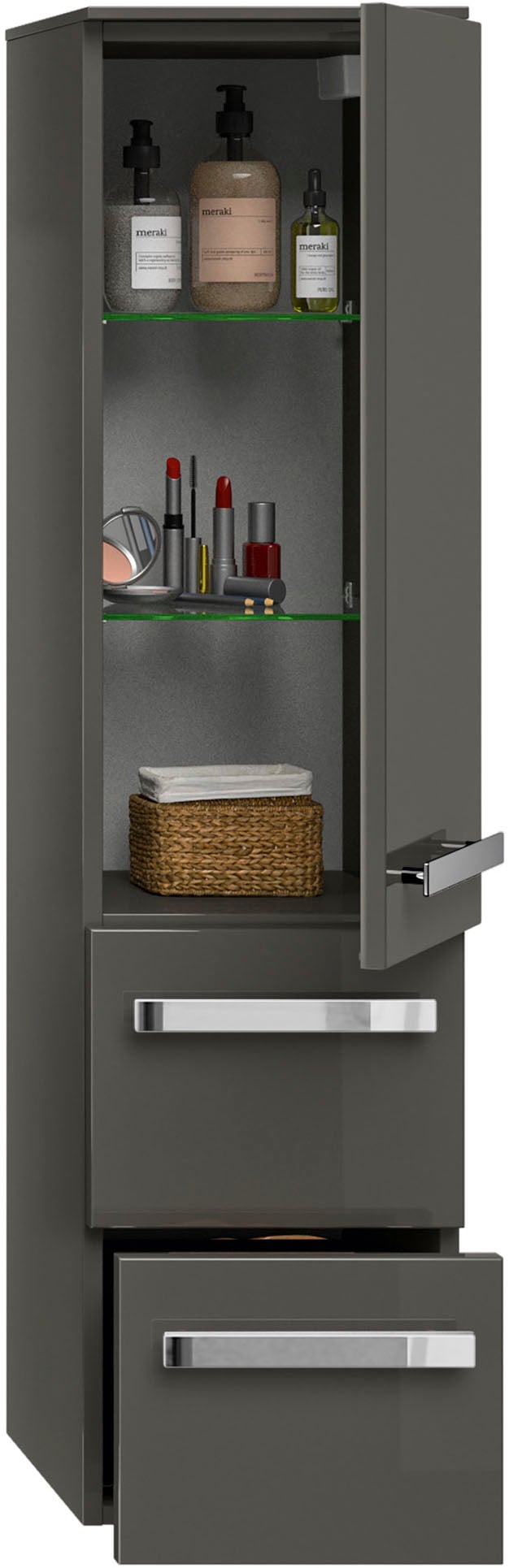 Saphir Midischrank »Serie 4005 Badschrank 30cm breit, 1 Tür, 2 Schubladen, inkl Türdämpfer«, 2 Glas-Einlegeböden, Badezimmer-Midischrank 121 cm hoch, 33 cm tief
