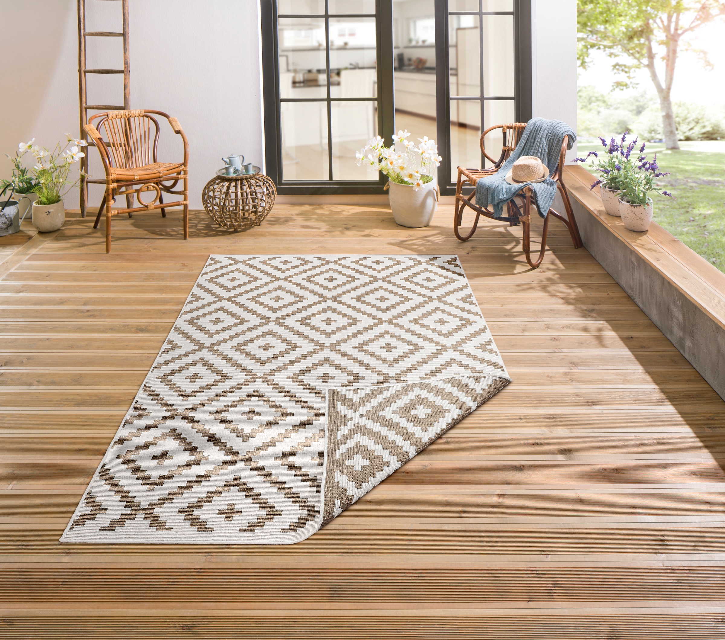 my home Teppich »Ronda Outdoor, Sisal-Optik, Flachgewebe, BAUR | und Boho Rechnung rechteckig, auf Design Wendeteppich«, geometrisches In