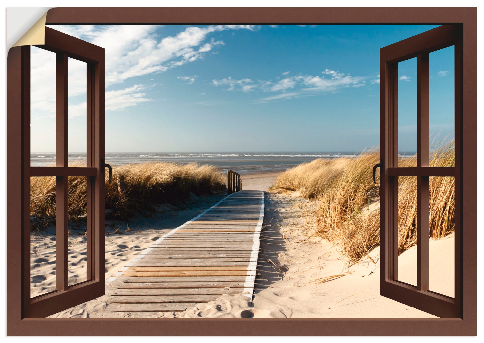 Artland Wandbild "Fensterblick Nordseestrand auf Langeoog", Fensterblick, (1 St.), als Leinwandbild, Poster, Wandaufkleb