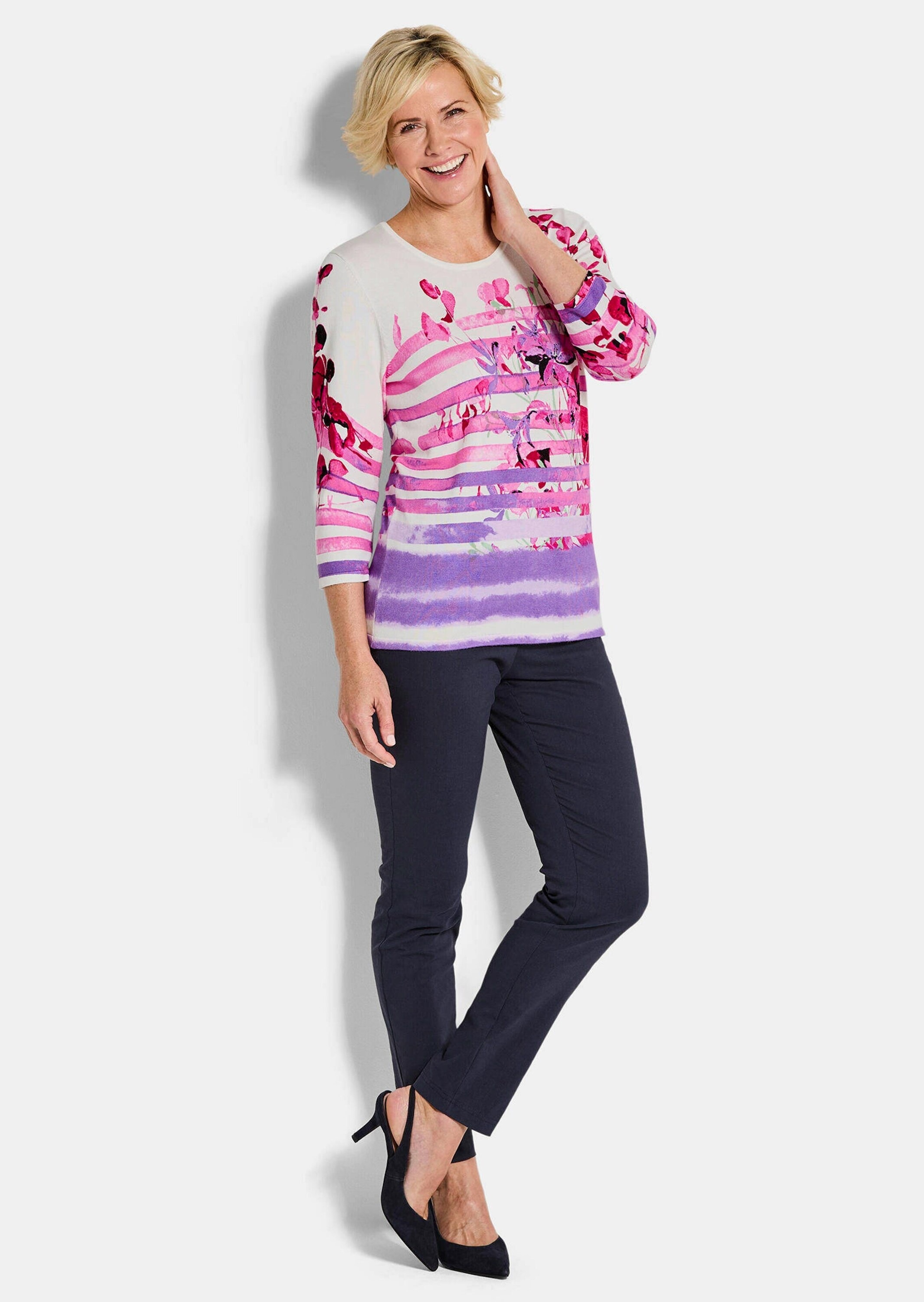 GOLDNER Rundhalspullover "Florales Viskoseshirt mit Streifen" Hautsympathis günstig online kaufen