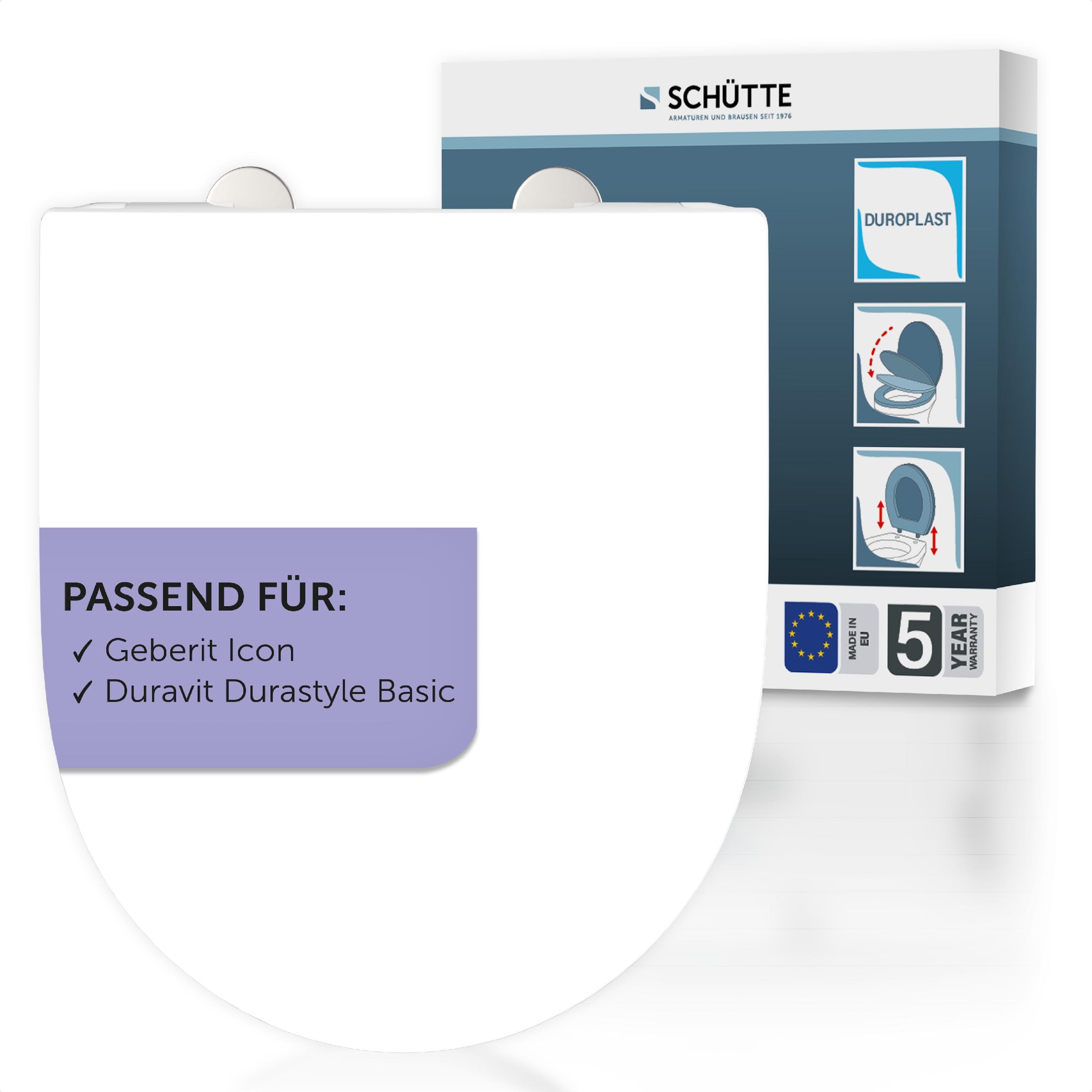 Schütte WC-Sitz "Duroplast, WHITE D-Form PRO 6" WC-Sitz, Befestigungsmaterial, Montageanleitung, mit Absenkautomatik und Schnellverschluss