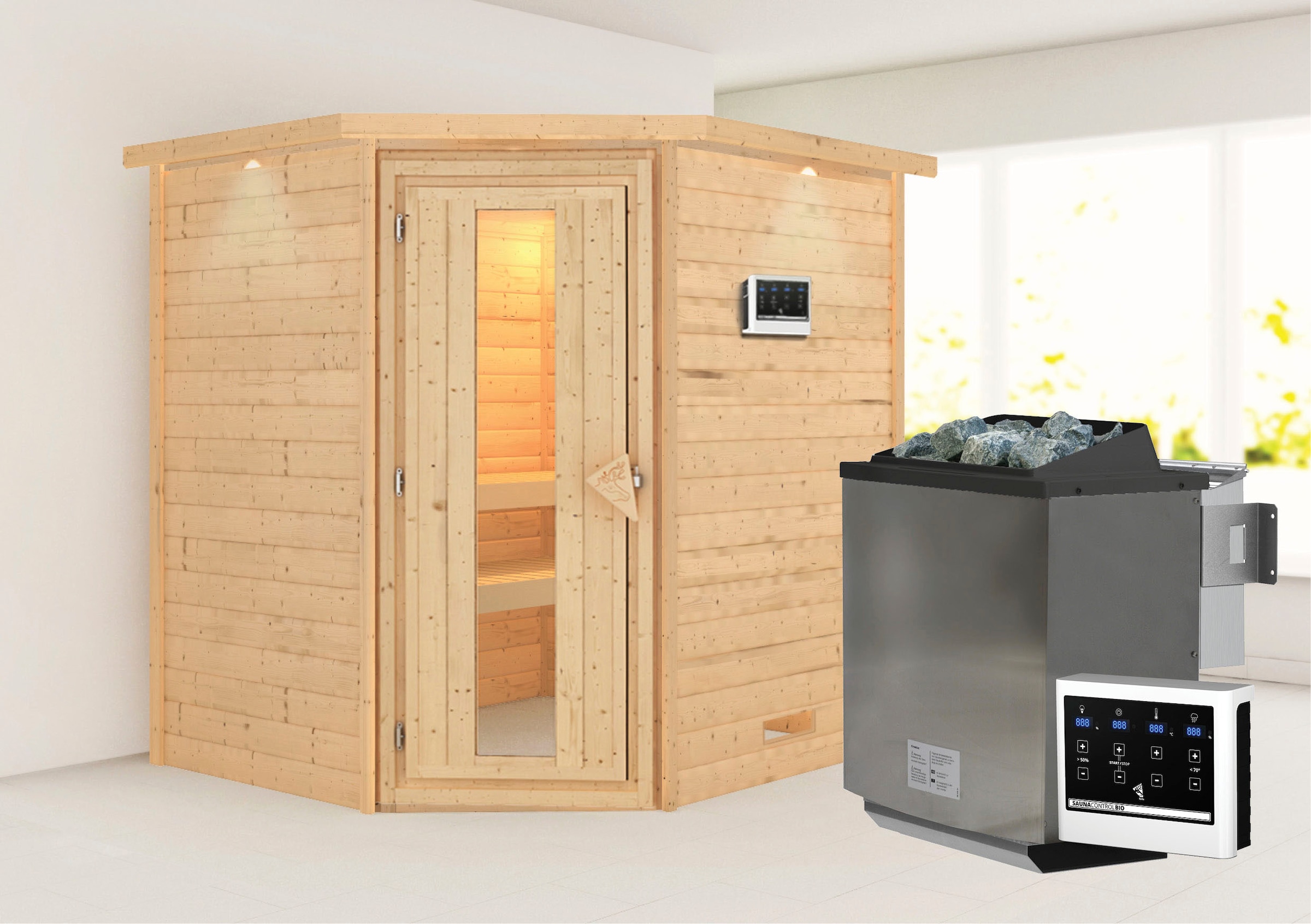 Karibu Sauna "Mia (Fronteinstieg)" Ofen 9 kW Bio externe Strg easy