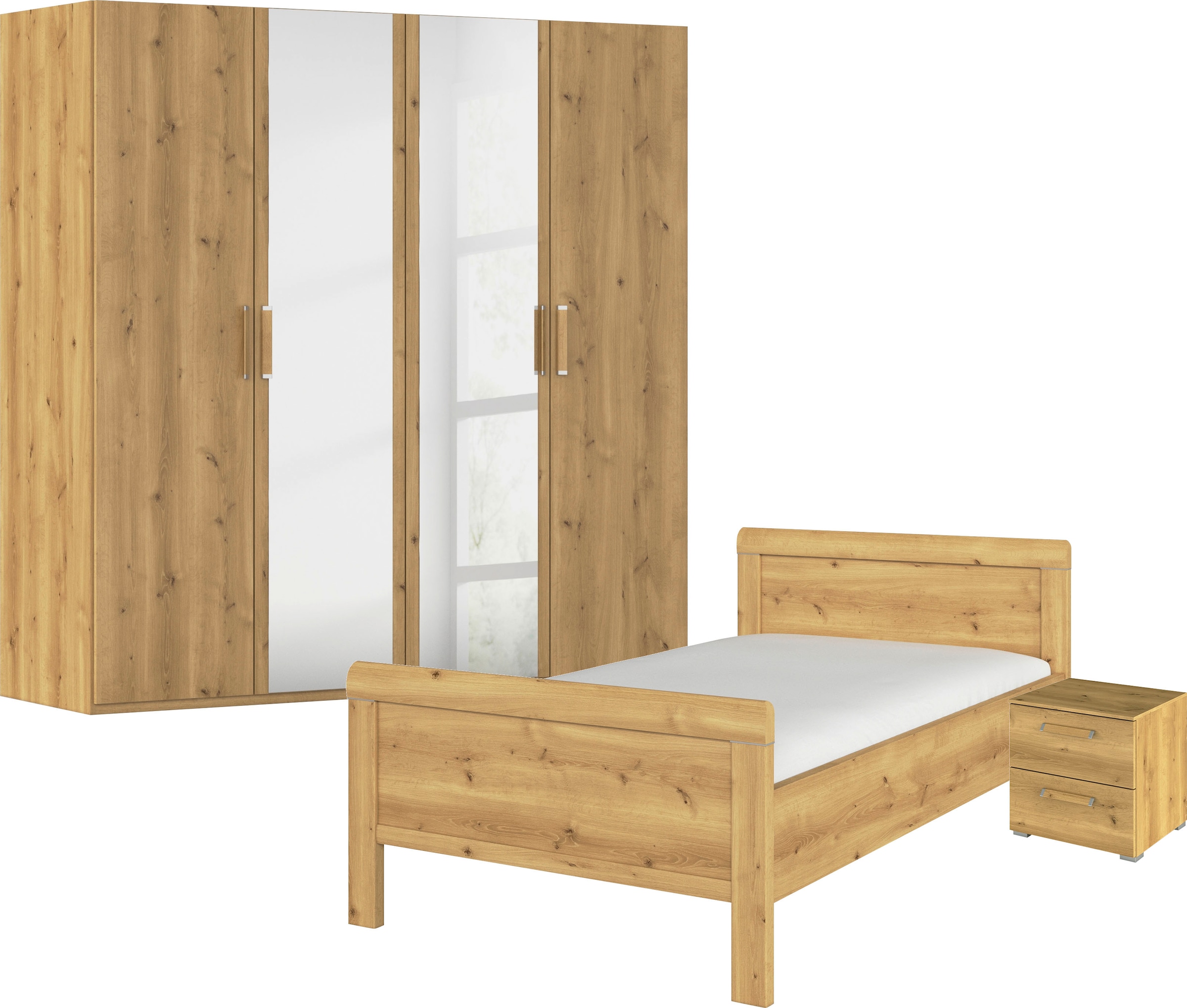 rauch Schlafzimmer-Set "Komplettschlafzimmer Schlafzimmer EVELYN" Set, inkl. SOFT-CLOSE-FUNKTION, 3 Stk. tlg. Schrank und Bett in 2 Breiten, Nachttisch 2 Schubladen MADE IN GERMANY