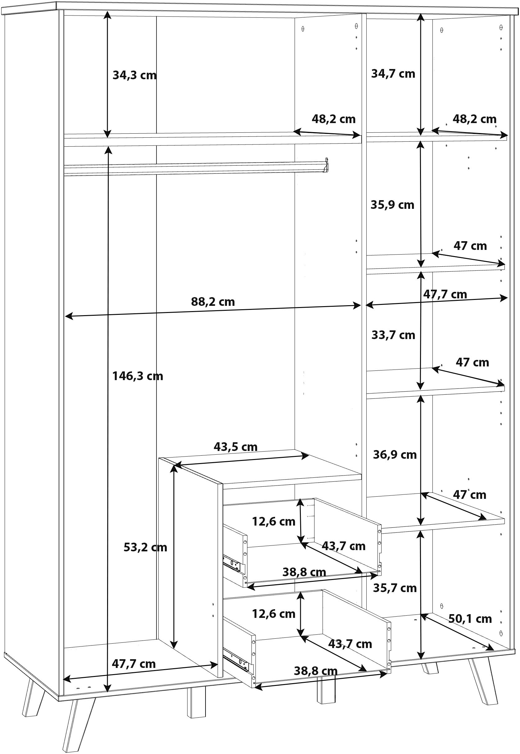 FORTE Drehtürenschrank »Vankka skandinavischer-Stil, viel Stauraum, ohne Griffe« B/H/T ca.140x200x52cm,  Made in Europe, mit Einlegeböden+Kleiderstange+Schubladen,grifflos