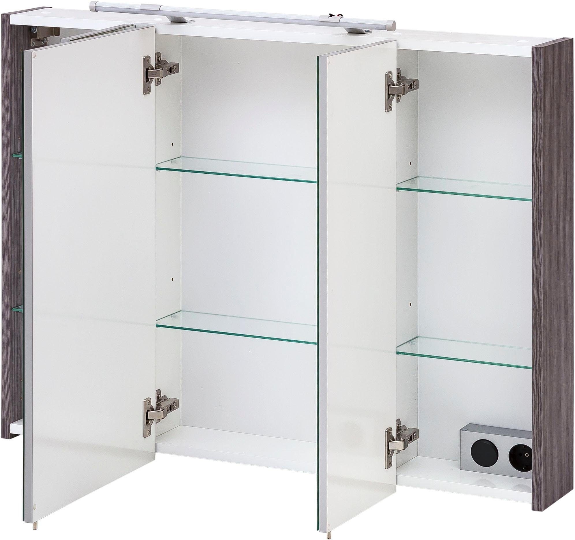 Schildmeyer Spiegelschrank »Dorina, mit höhenverstellbaren Glasböden«, Breite 90 cm, 3-türig, LED-Beleuchtung, Schalter-/Steckdosenbox