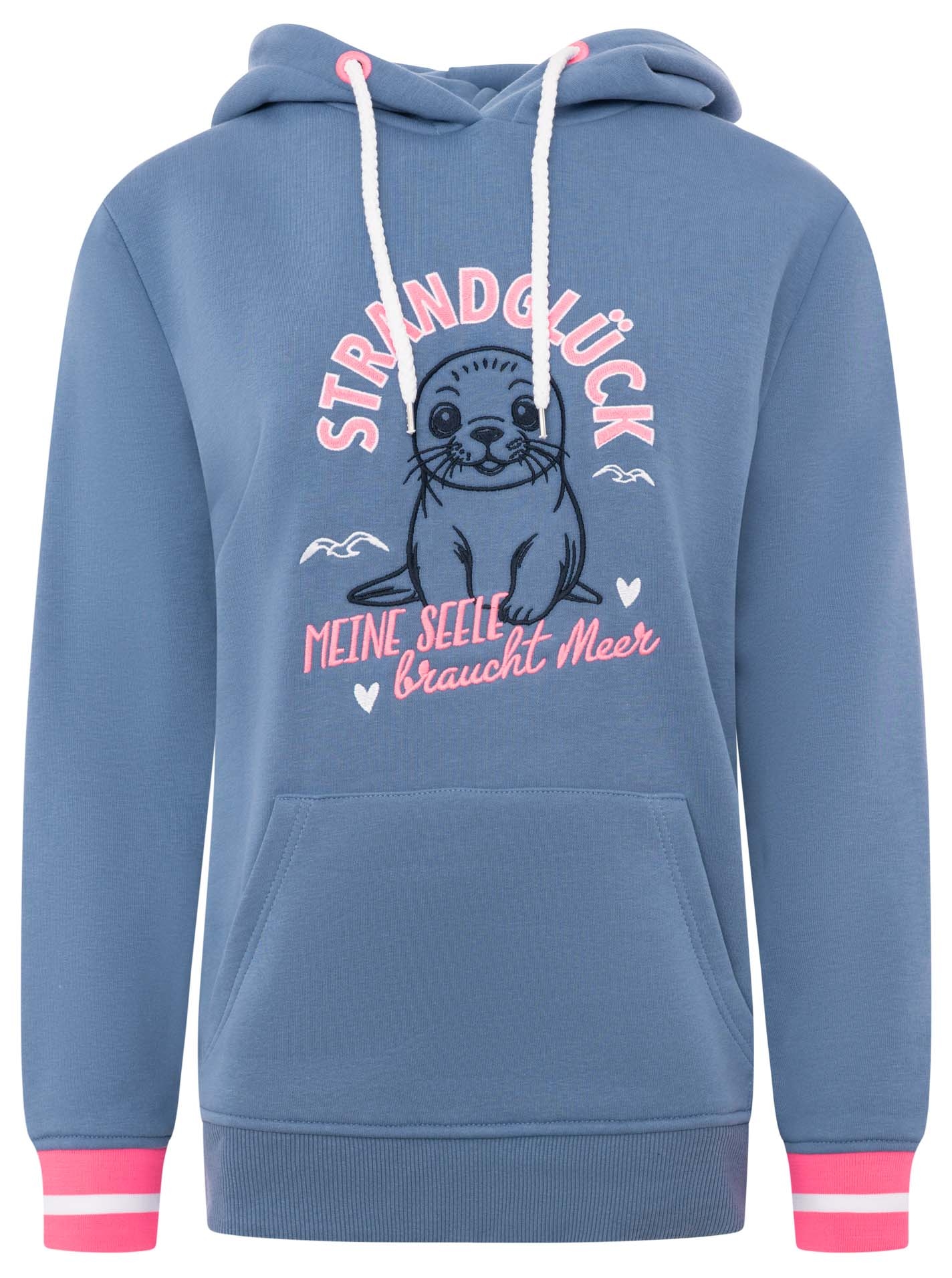 Zwillingsherz Hoodie »"Seerobbe"«, Strandglück Schriftzug, niedliche Robbe. gestreifte Bündchen
