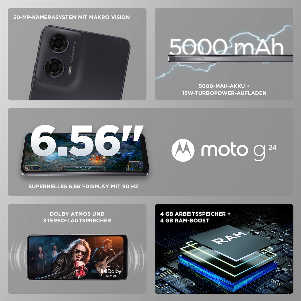 Motorola Smartphone »Moto G24«, Matte Charcoal, 16,66 cm/6,56 Zoll, 128 GB Speicherplatz, 50 MP Kamera