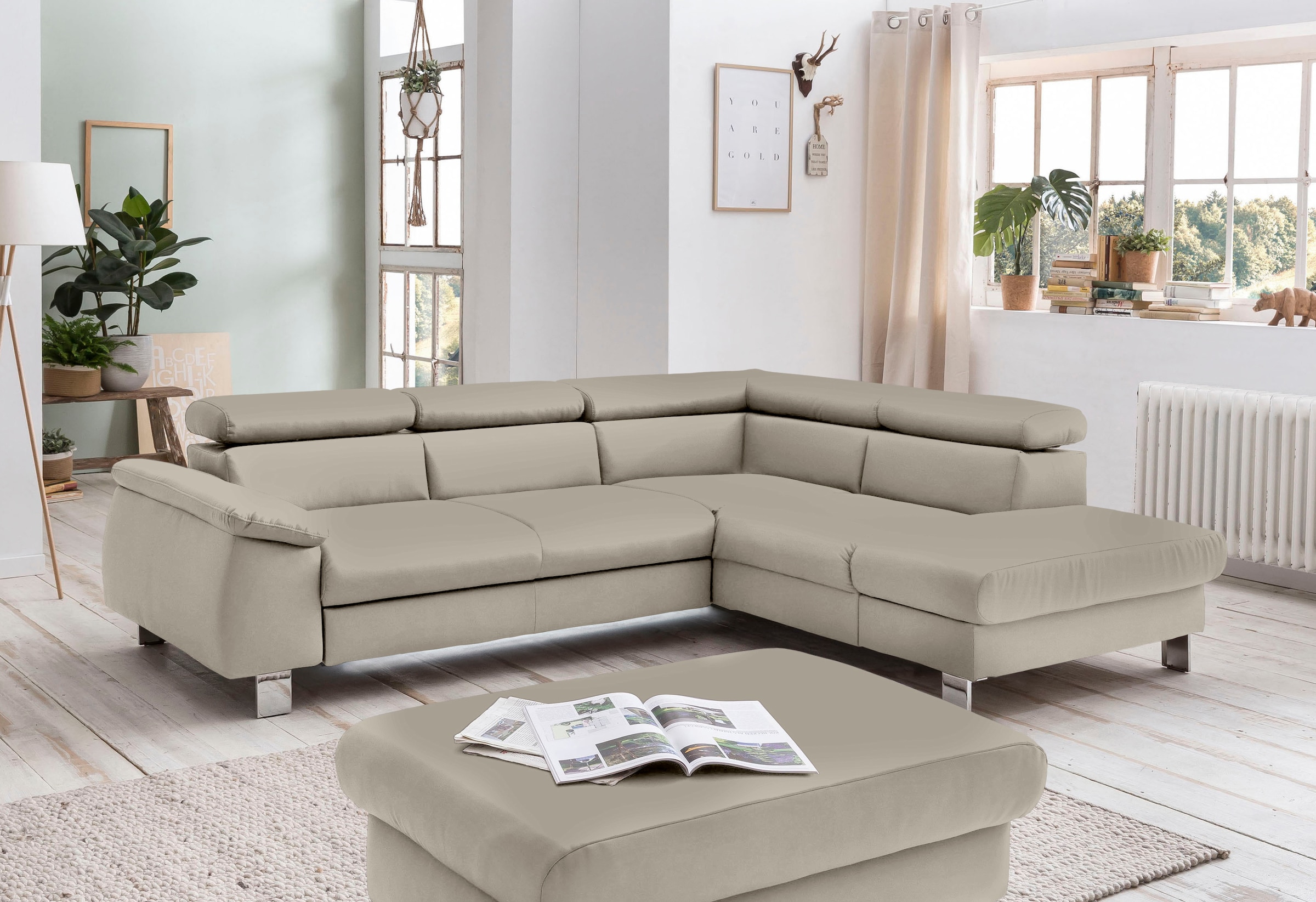 Ecksofa COTTA, B:249cm H:72cm, grau, Microfaser PRIMABELLE (100% Polyester);Kunstleder SOFTLUX;Feinstruktur (100% Polyester);Kunstleder