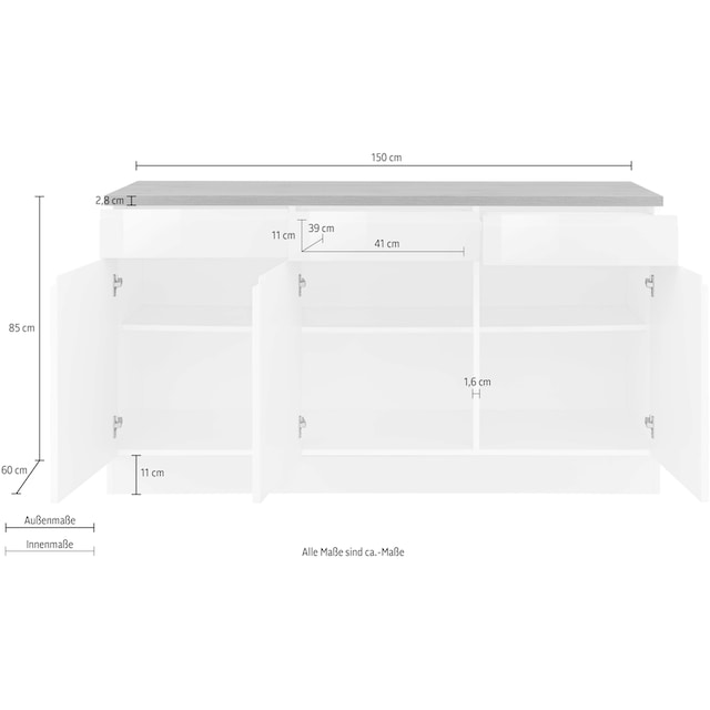 HELD MÖBEL Unterschrank »Virginia«, 85 cm hoch, 150 cm breit, 3 Schubladen, 3  Türen, griffloses Design | BAUR