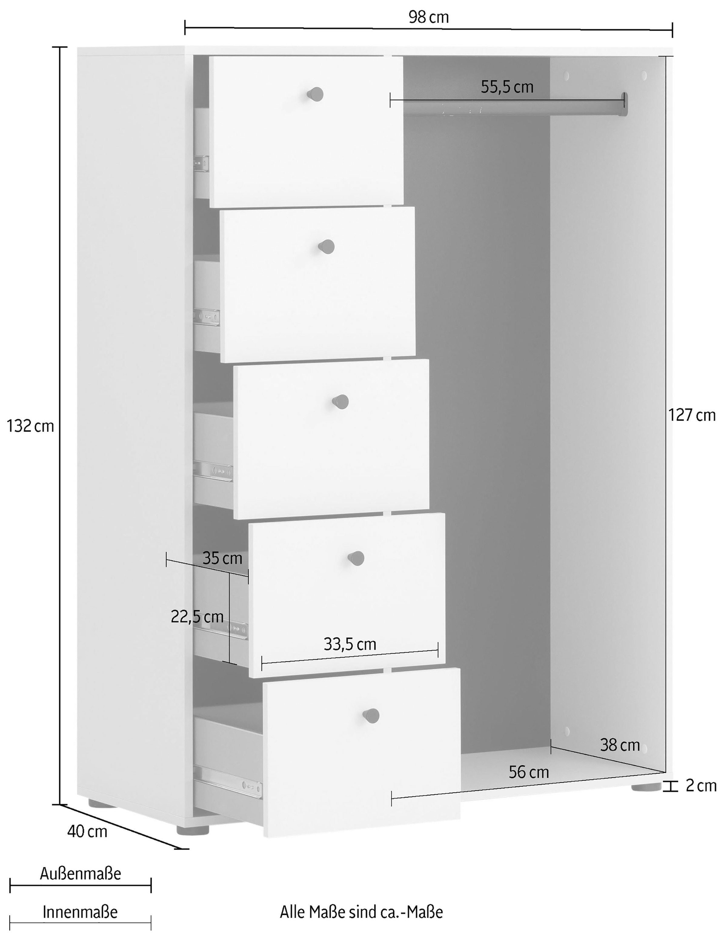 Schildmeyer Kleiderschrank »Lovund, Breite 98 cm«, Mit 5 Schubladen und Kleiderstange