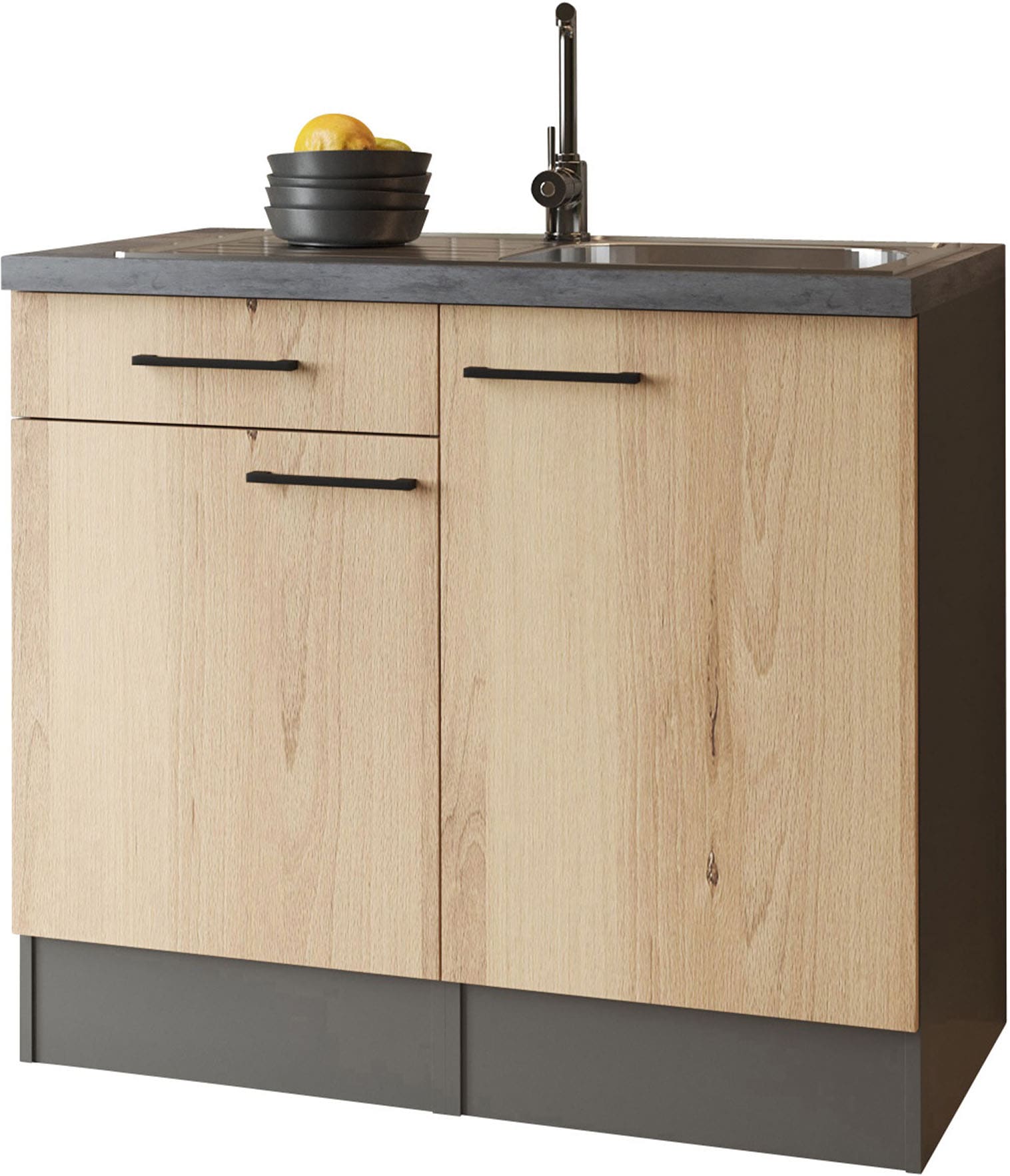 Pantryküche RESPEKTA, B:100cm H:90cm T:60cm, braun, Komplettküchen-Sets, "Oliver", zerlegt, mit Edelstahlspüle, mit Soft-Close Funktion, Breite 100 cm