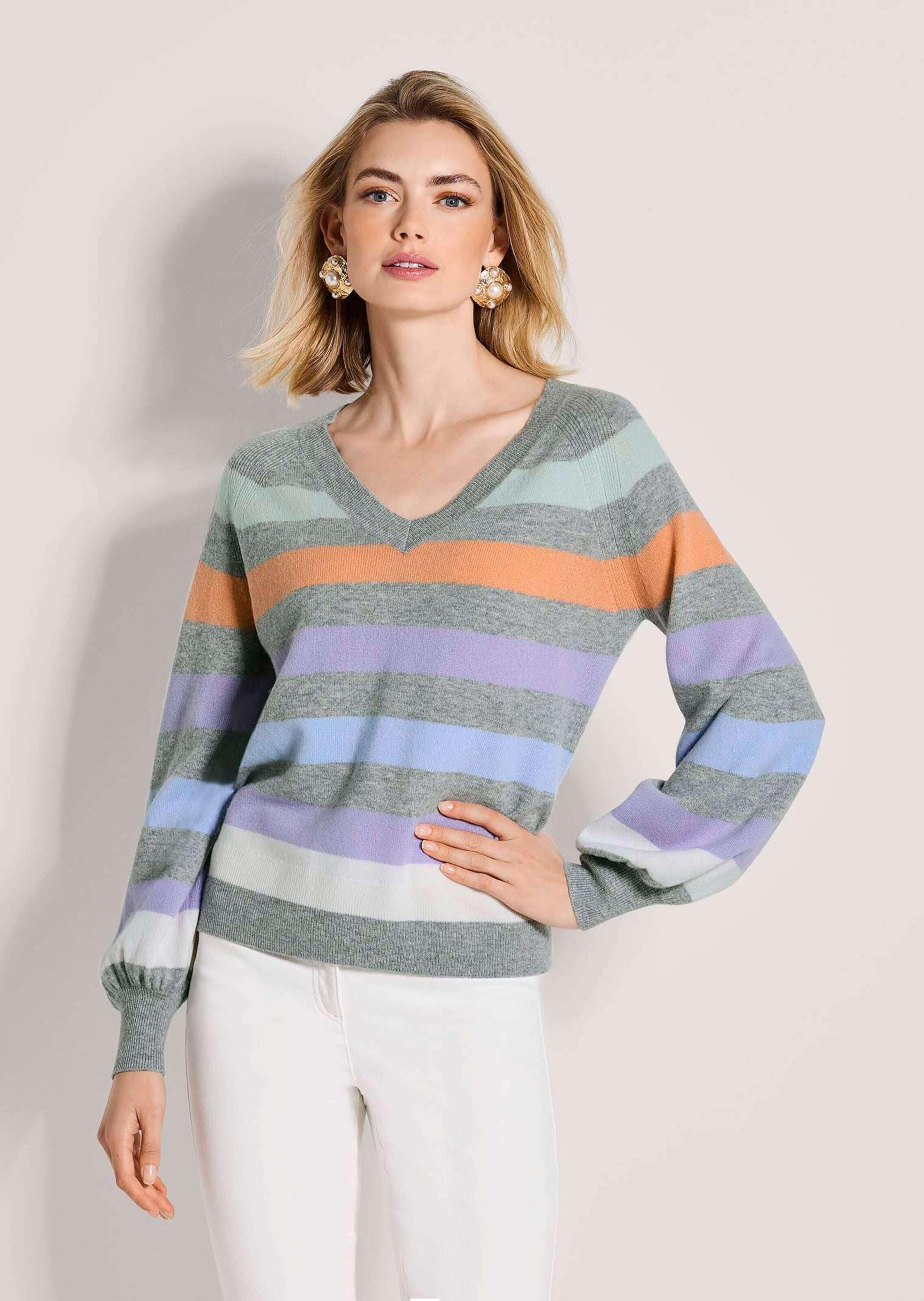 MADELEINE Longpullover »Feinstrickpullover Sommerpulli mit Streifen-Muster« Gerippte Abschlüsse