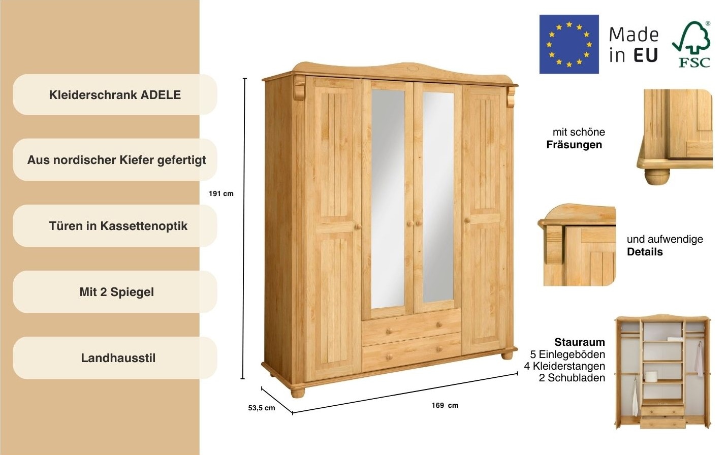 Home affaire Kleiderschrank »Adele«, (4 Breiten: 92/130/169/207 H/T ca. 191/54 cm), aus massiver Kiefer,Spiegel beim 4-und 5-trg.Schrank, Innenausstattung